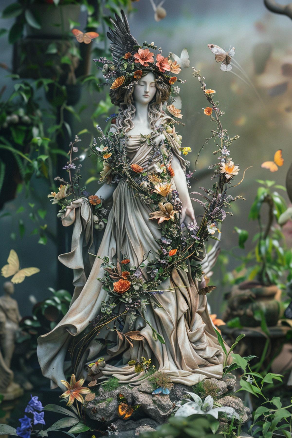 A fantastical and vibrant reinterpretation of the statue of Hera, the queen of the gods, where she is adorned with elements of nature. Her traditional robe is woven with flowers and vines that appear to grow from the marble itself, and her crown is made of blooming flora and intricate leaves. The statue is set in an ethereal garden, with butterflies and birds interacting with her. The combination of classical sculpture and living nature creates a serene and enchanting vision of the goddess.