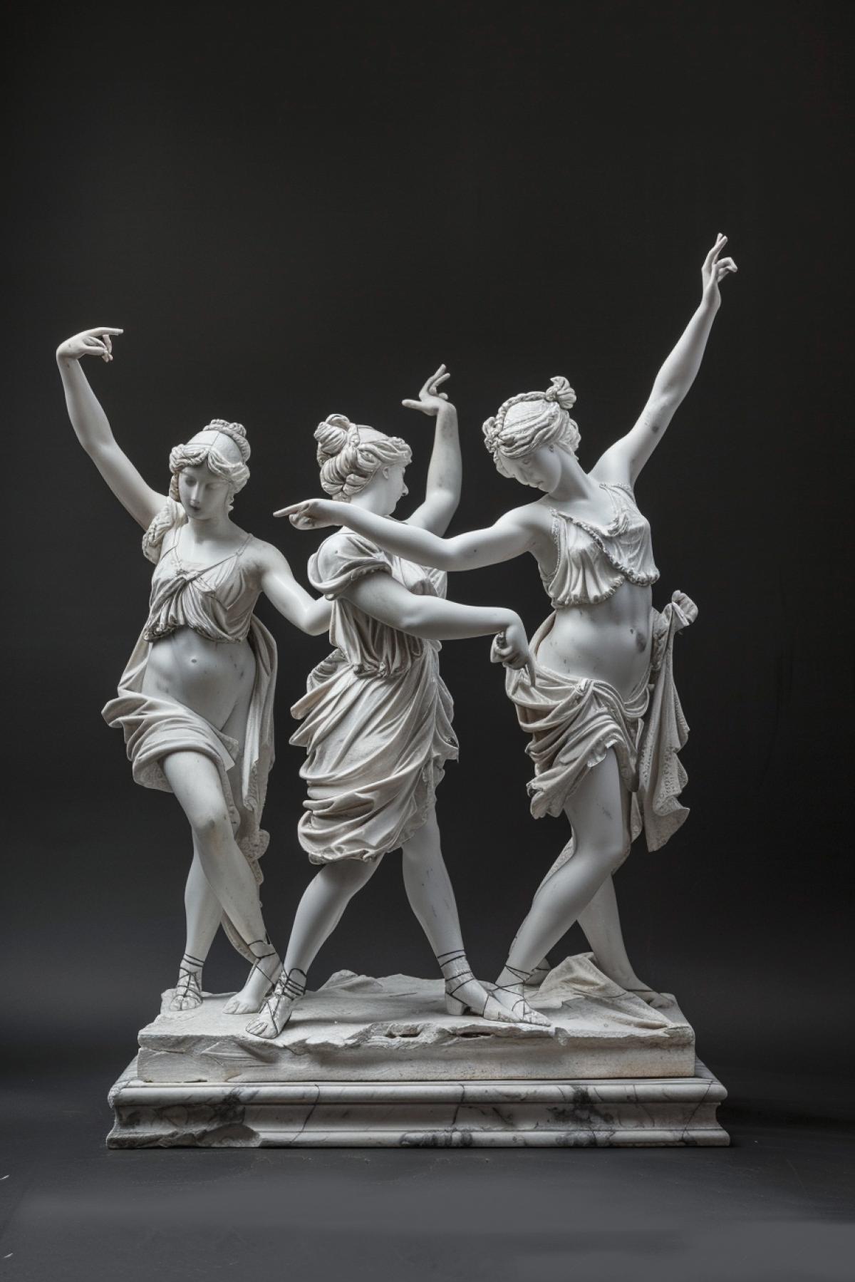 several most beautiful dancing nymphs joy happiness greek statue white marble classicism in style of Miron Myron, Polikletos Polykleitos