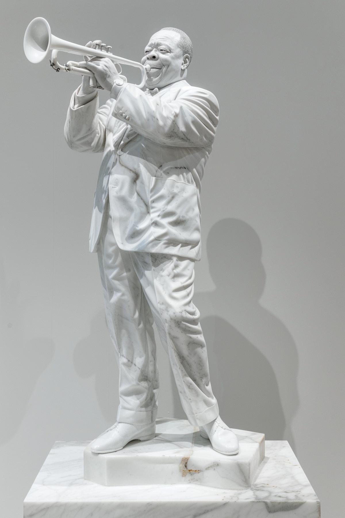 Louis Armstrong playing trumpet jazz greek statue white marble classicism in style of Miron Myron, Polikletos Polykleitos