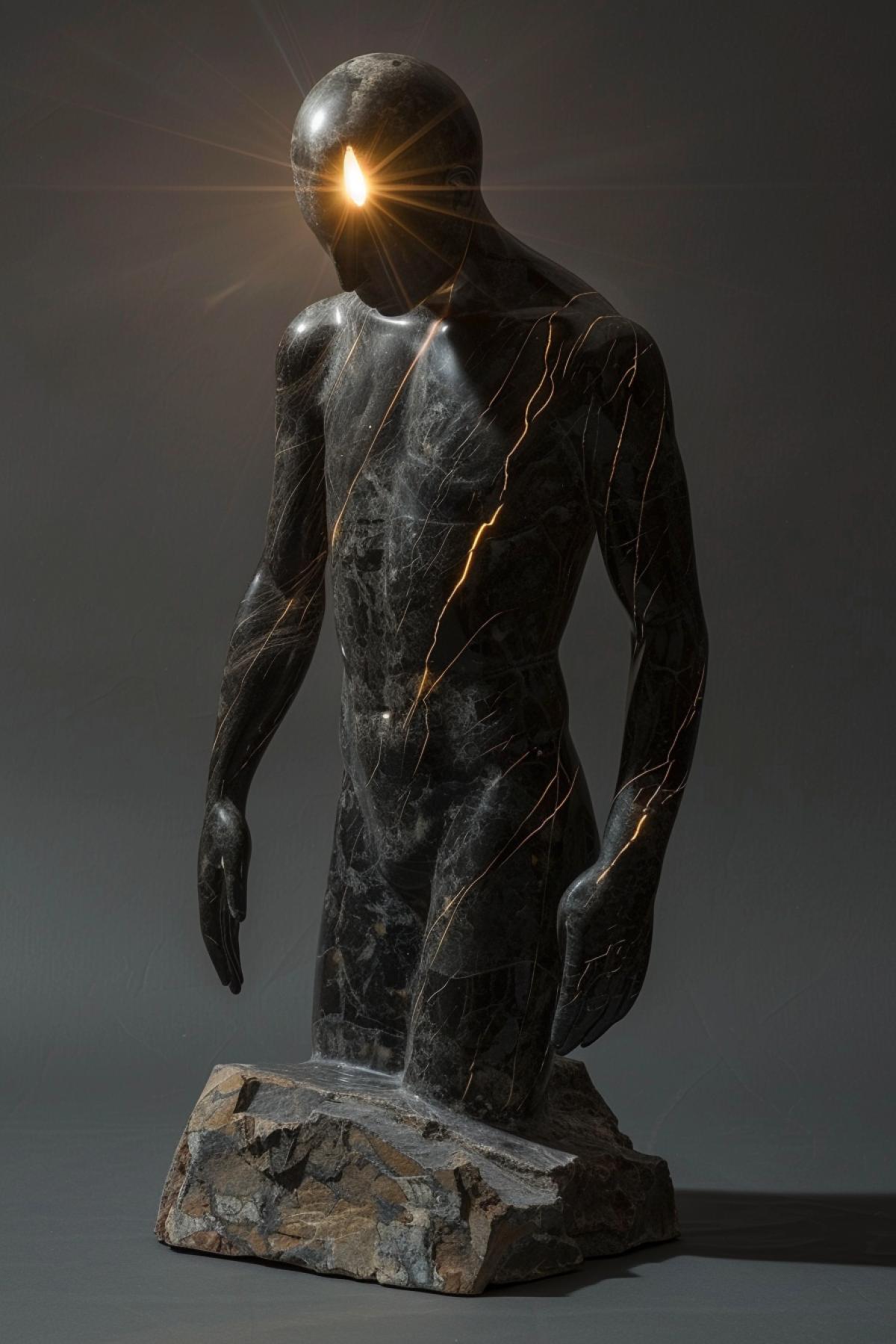 A full-length man made of dark marble, the sun shines from his eyes, rock, twinkle, gothic