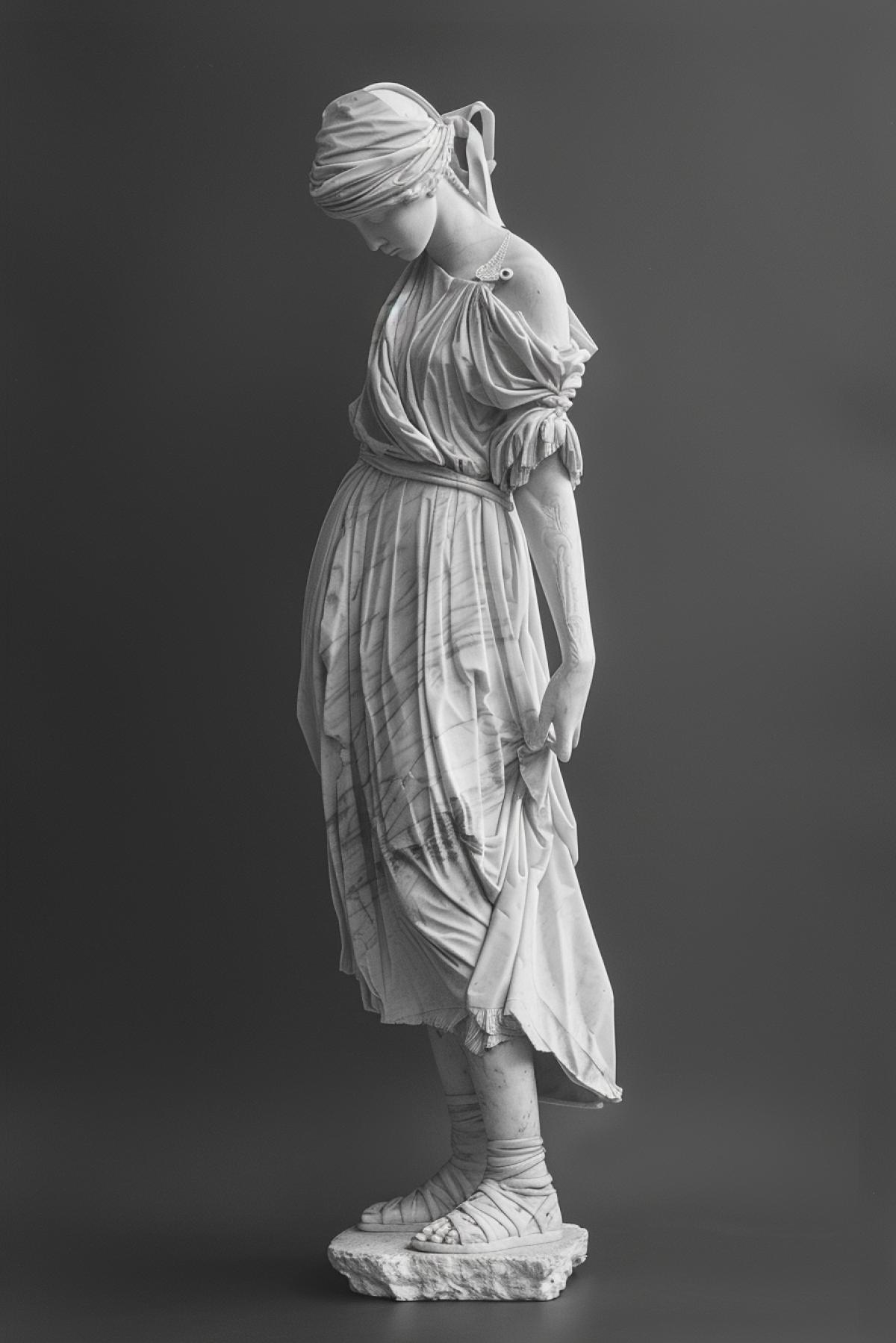 unusual Greek statue made of white marble, realistic images, flickering, parallel world, mystery