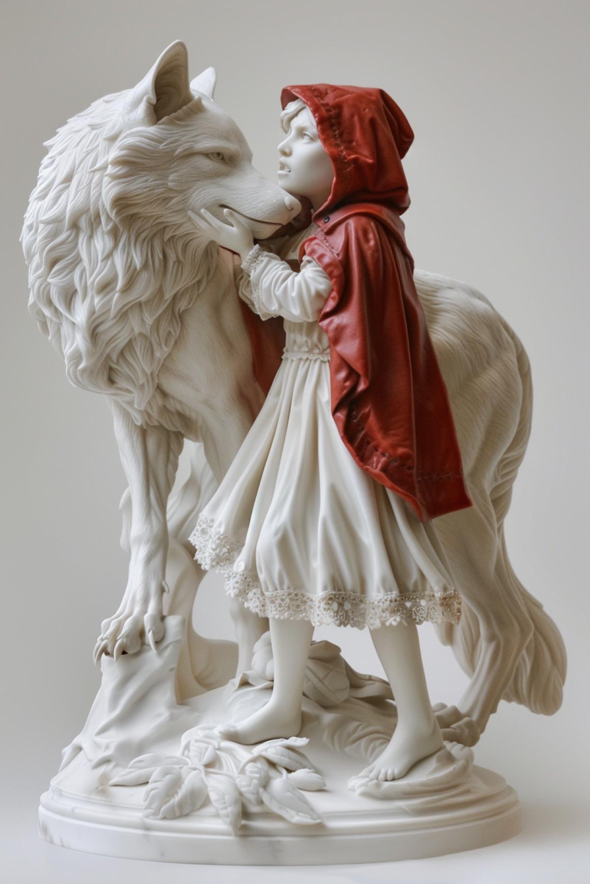 Little red riding hood and angry wolf on epic 4ks greek statue white marble classicism in style of Miron Myron, Polikletos Polykleitos