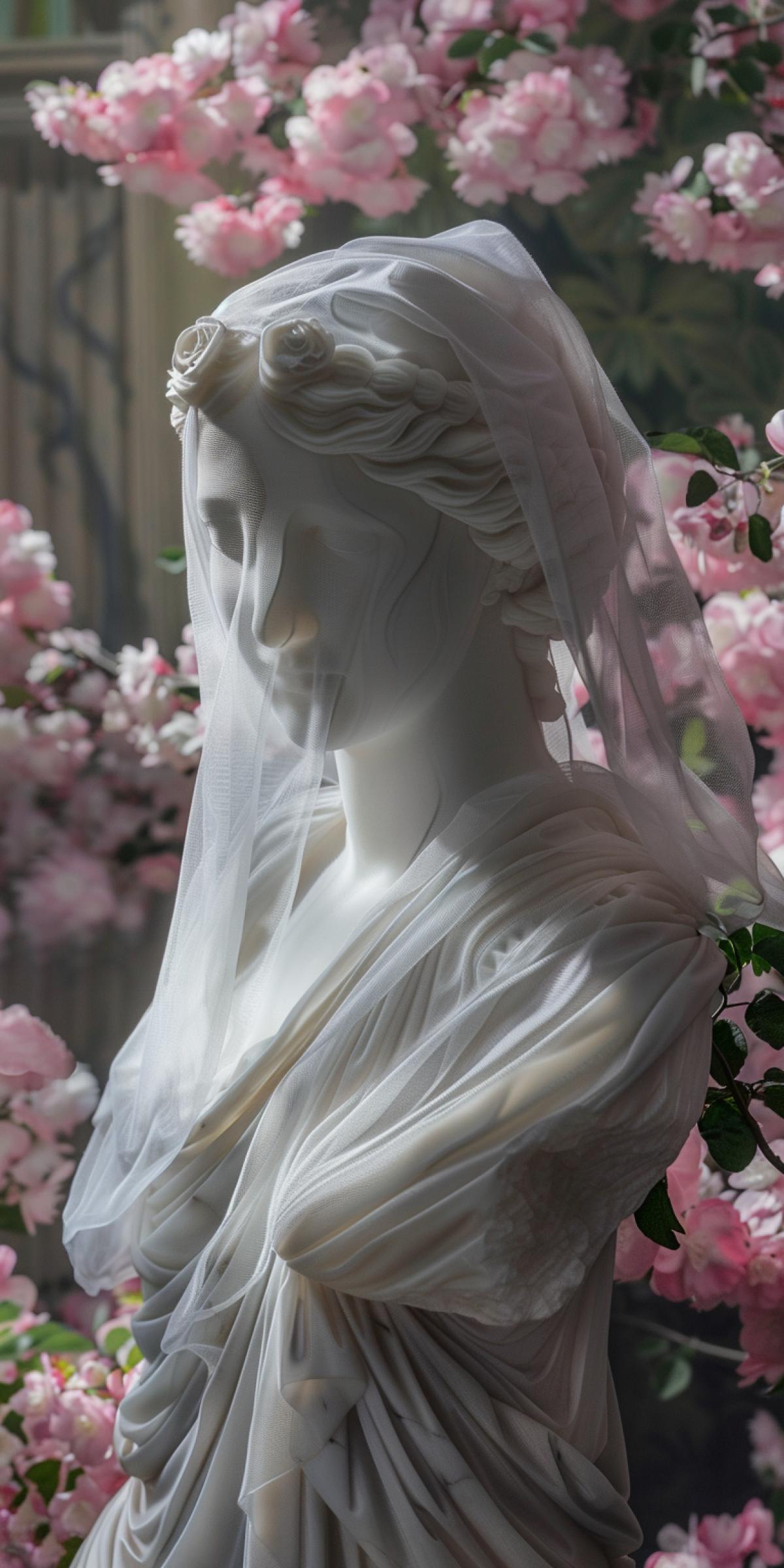 A stunning reinterpretation of a classic Greek statue using the marble veil technique. A figure of Aphrodite, the goddess of love, is draped in a delicate, semi-transparent marble veil that flows elegantly over her form. The statue is set against a backdrop of lush, blooming gardens, with soft lighting enhancing the ethereal effect of the veil. This combination of ancient art and masterful technique creates a timeless and captivating image.