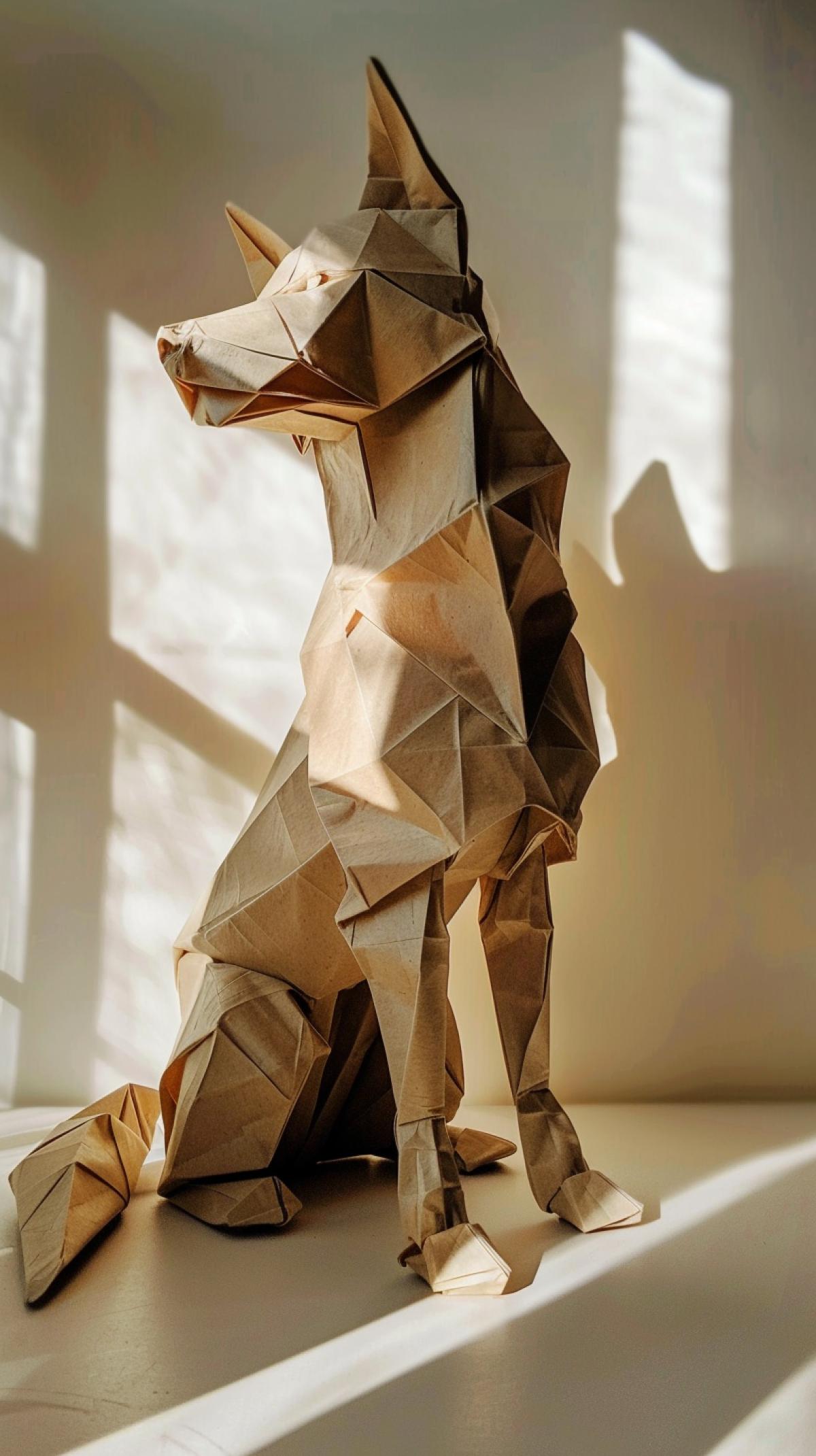 photo of an origami paper australian shepherd sitting at attention, created from large sheets of paper. Camera angle from above as if taken by a six foot man. Light colored room. Warm sunlight from the side.
