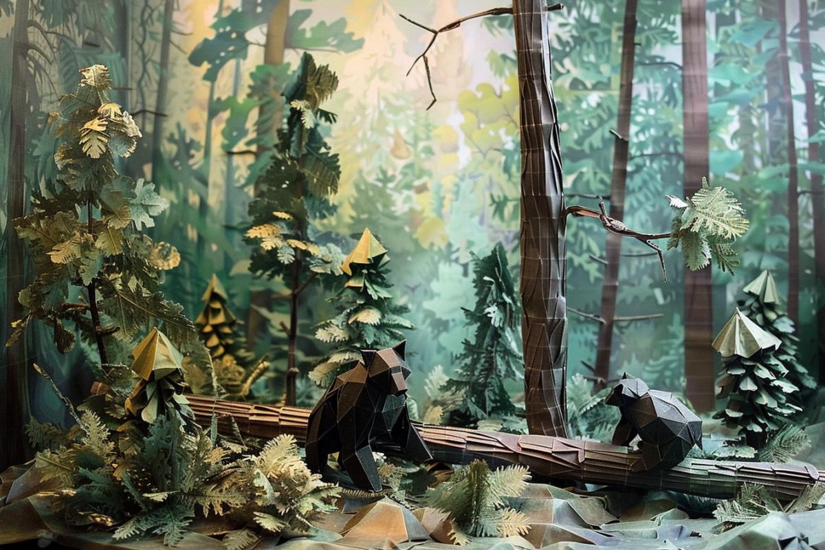 Shishkin morning in pine tree wood all built of origami
