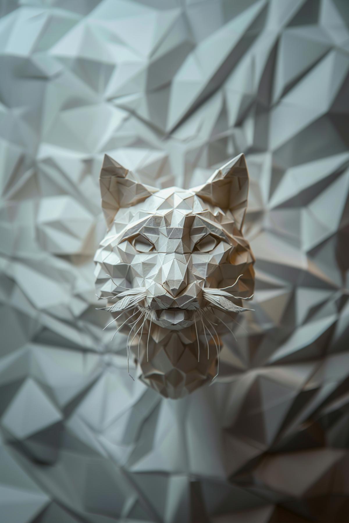 Origami, cat with a mustache, flickering, realistic image, maximalism, parallel world