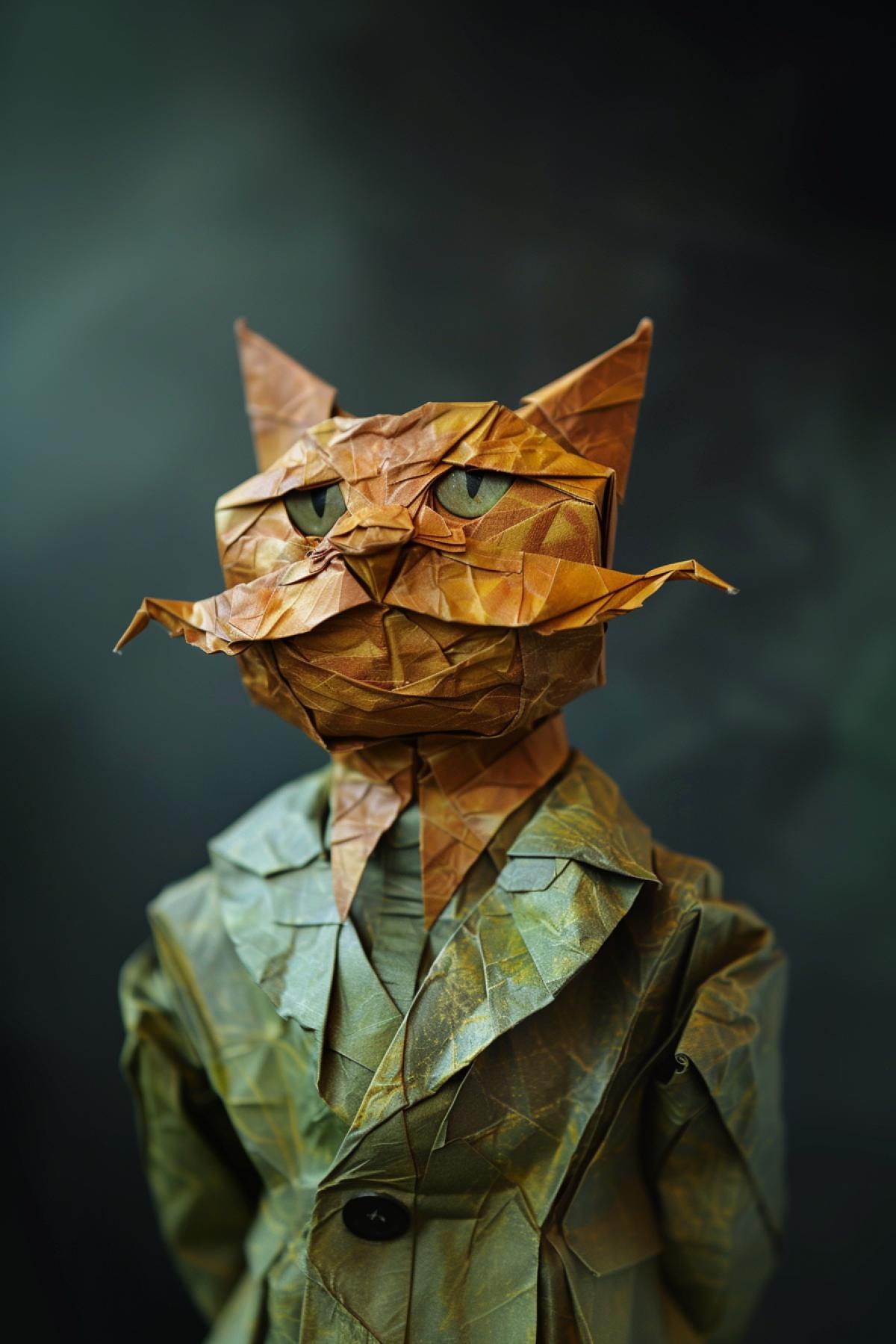 Origami, cat with a mustache, flickering, realistic image, maximalism, parallel world