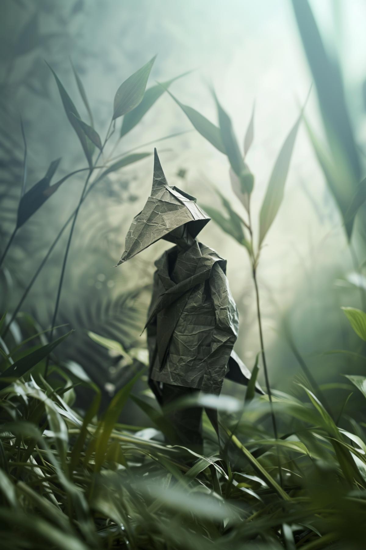 origami, unusual human figure, flickering, realistic image, interesting Mysterious background, Parallel world