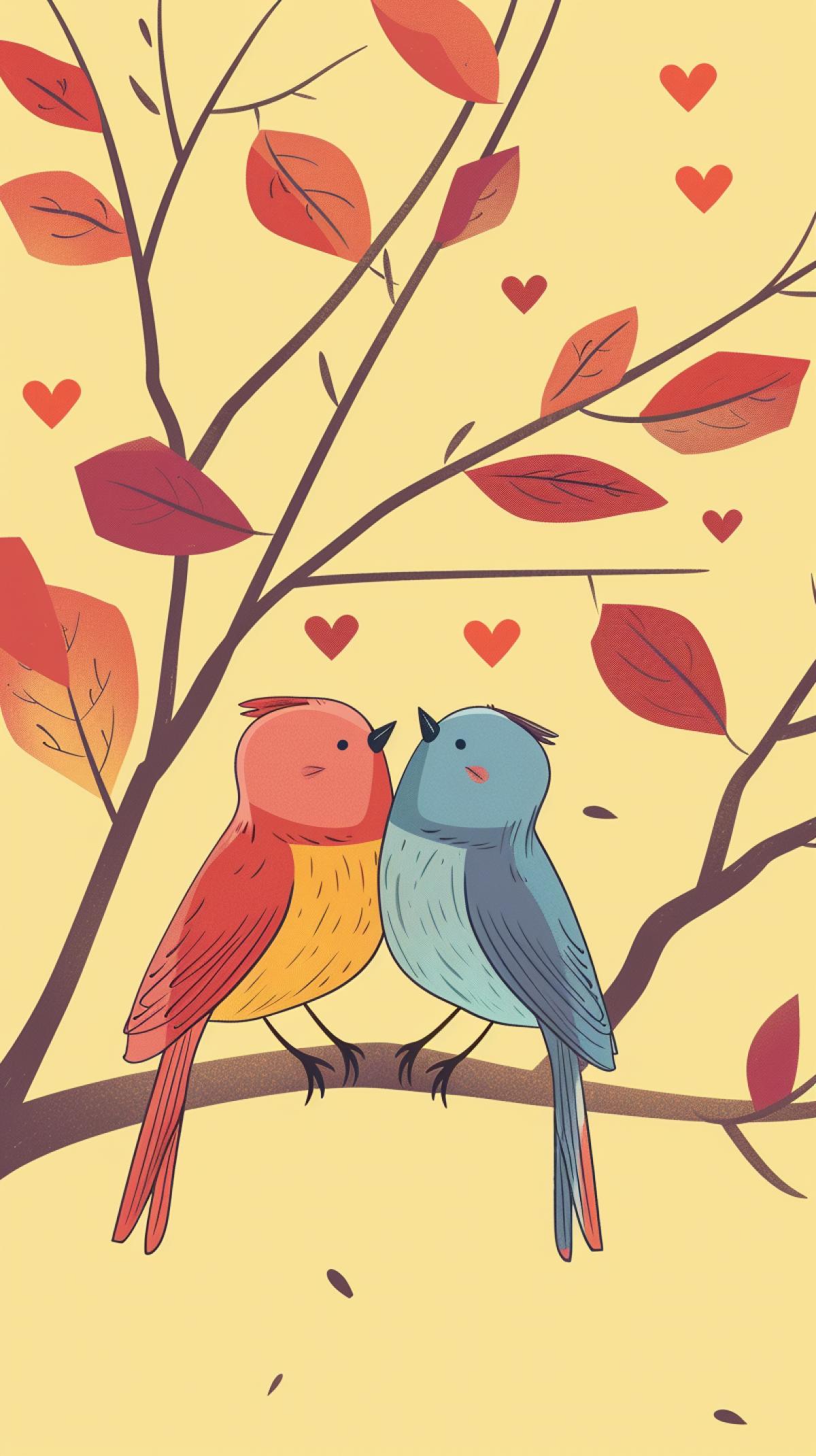 illustration of two birds in love and hearts, line art, flat design, hand draw, soft yellow background