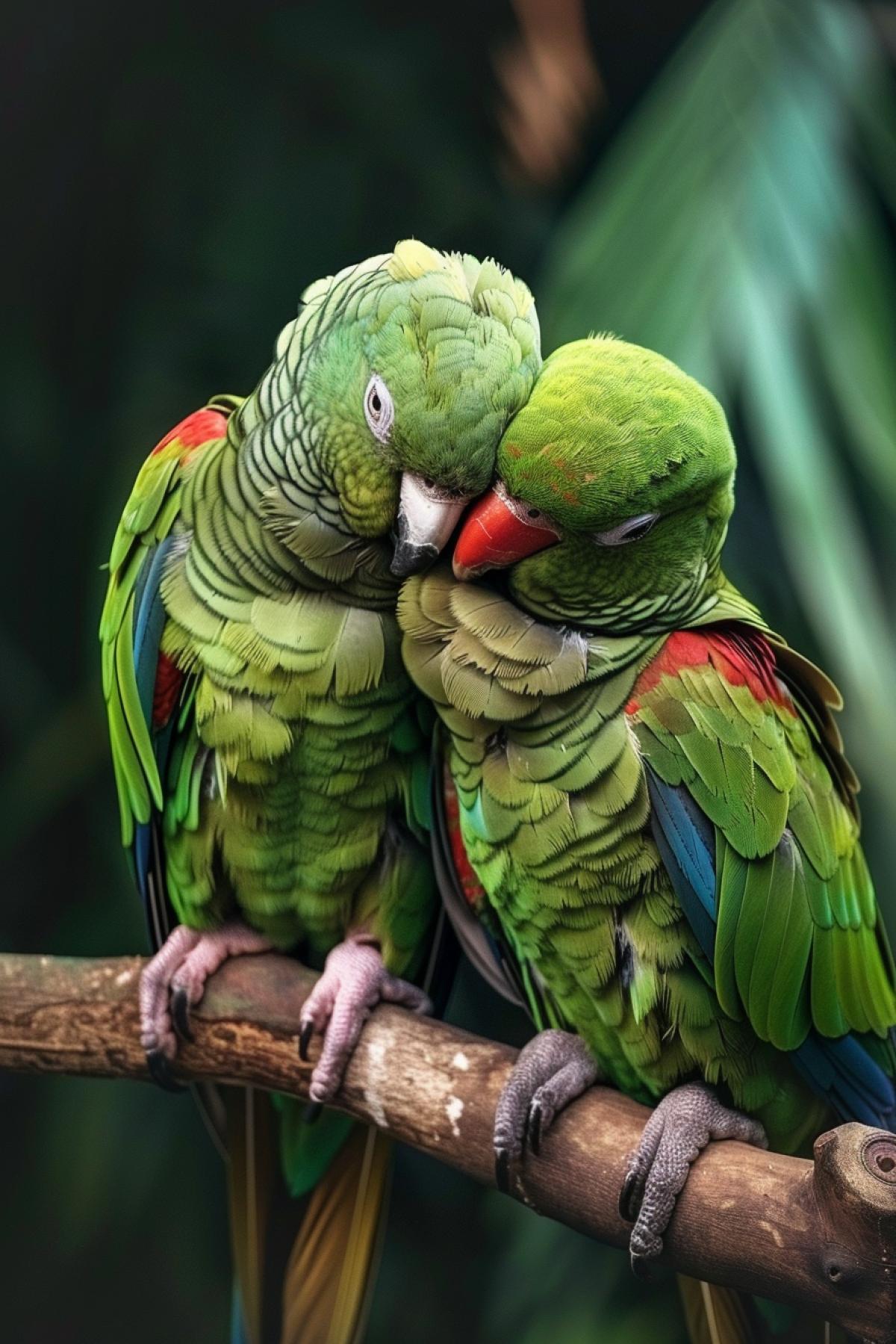 two green parrots are sitting on a branch. one parrot hugs another with its wing