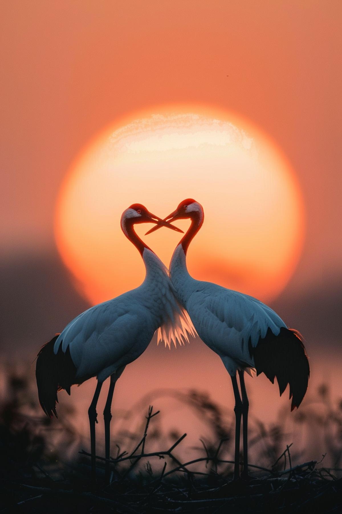 Against the background of a bright circle of the setting sun, two cranes look at each other, forming a heart with their necks