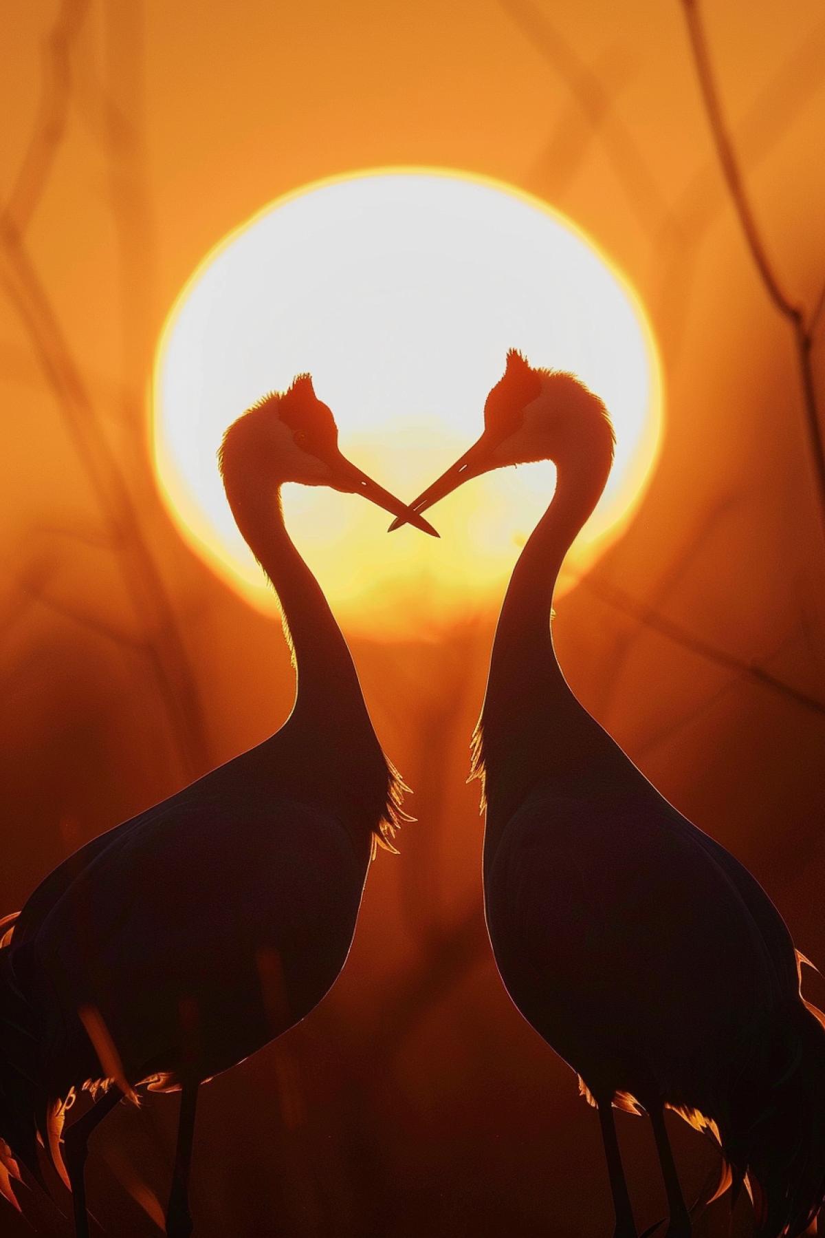 Against the background of a bright circle of the setting sun, two cranes look at each other, forming a heart with their necks