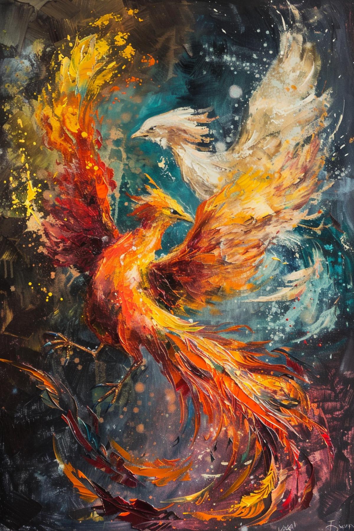 Phoenixes in love against the background of Ouraboros, sitting on Fenrirs back, oil painting