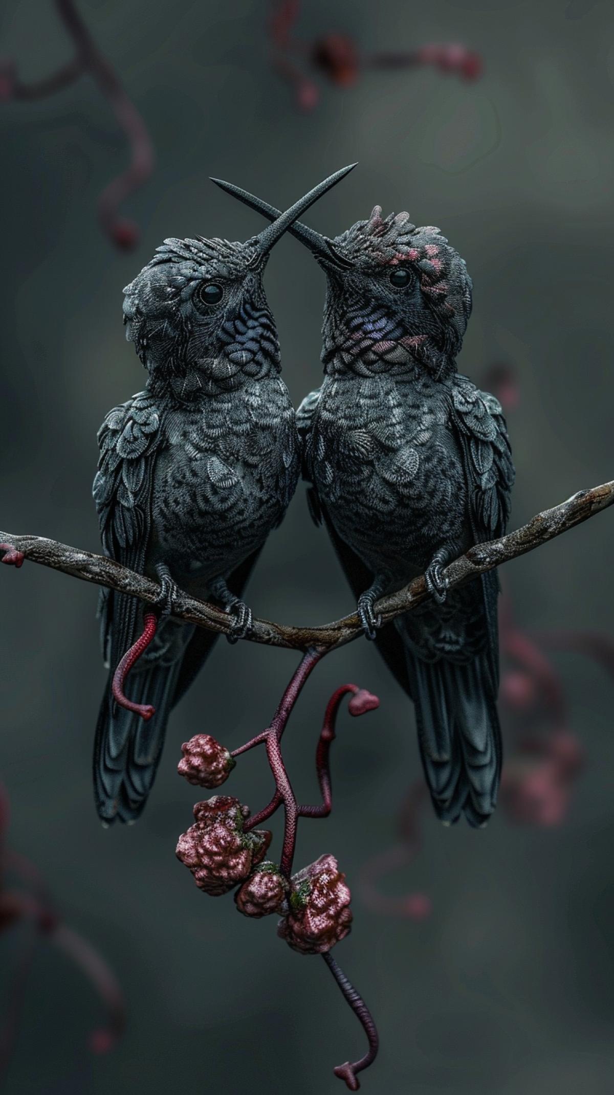 two hummingbirds in love on a branch in Giger style