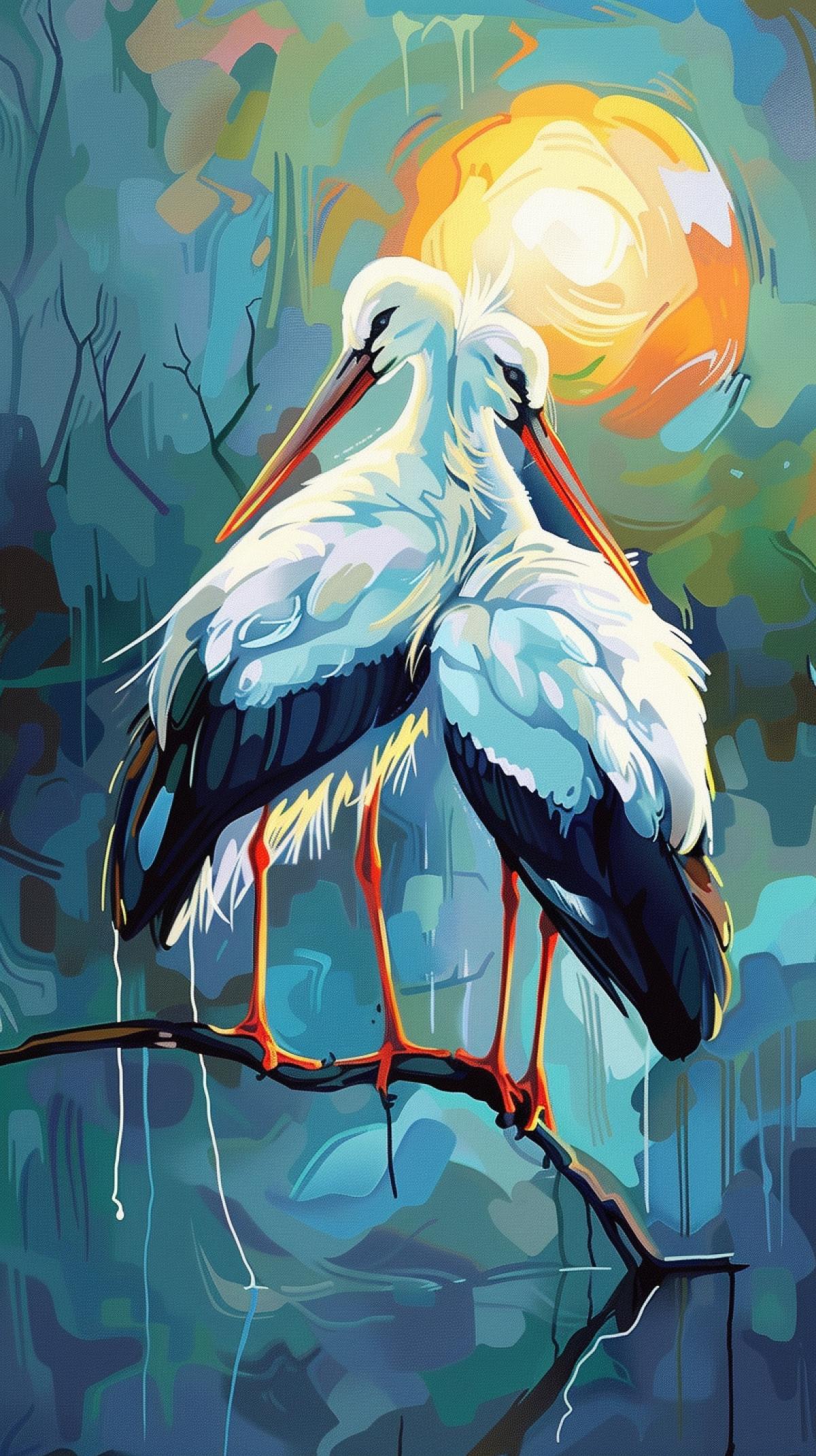 two storks in love on a branch in the style of Van Gogh