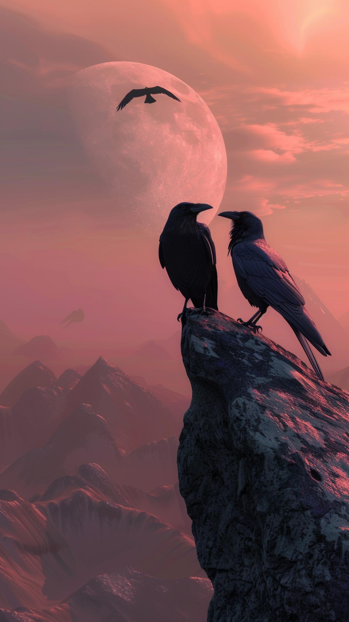 two crows in love on a mountain top in Futurism style