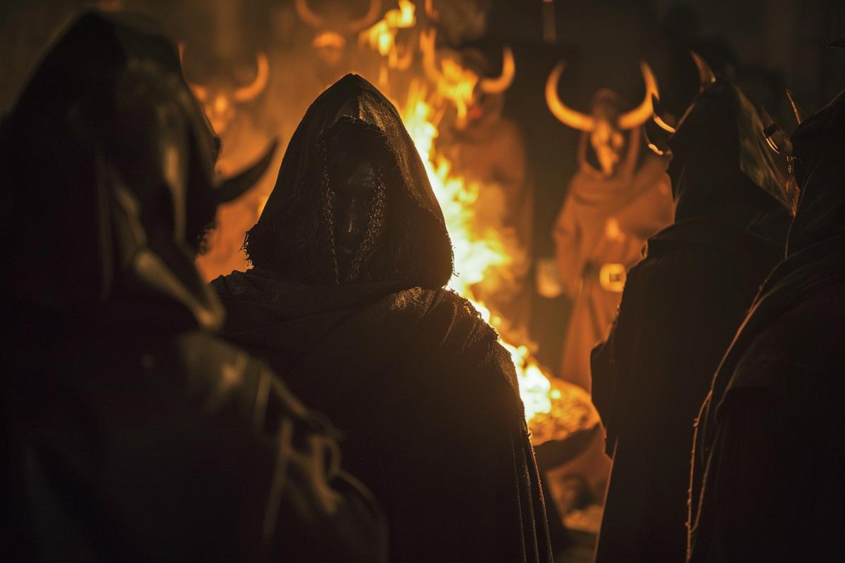 Monks in hoods gathered around the fire, a horned silhouette peeks out from the fire
