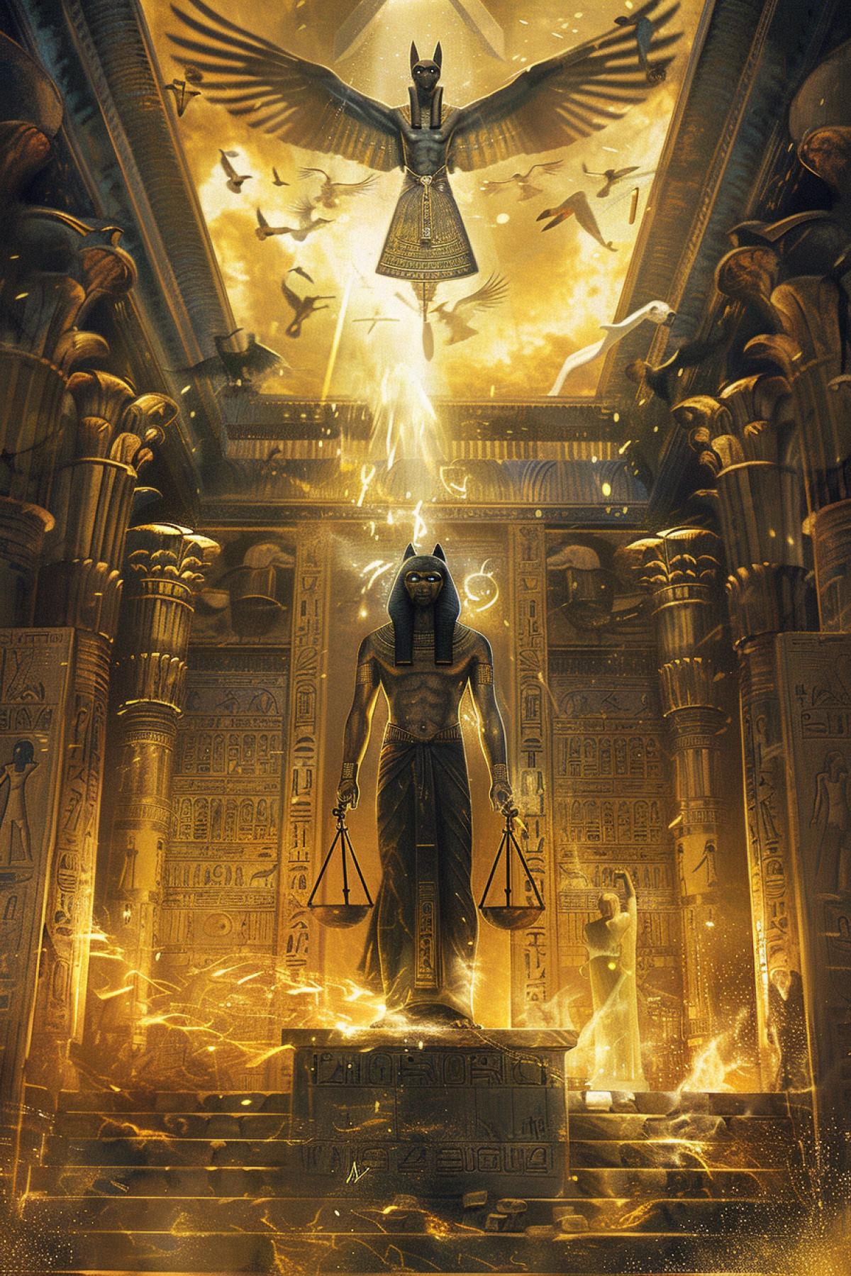 A hauntingly beautiful depiction of the afterlife inspired by ancient Egyptian mythology. The scene features the majestic Hall of Maat, where souls are judged. Anubis, the jackal-headed god, stands beside a grand scale, weighing the heart against the feather of truth. Surrounding the hall are ethereal, glowing hieroglyphs and spirits in , shimmering forms. The atmosphere is filled with a golden, mystical light, highlighting the intricate details of the ancient architecture and creating a sense of awe and reverence.