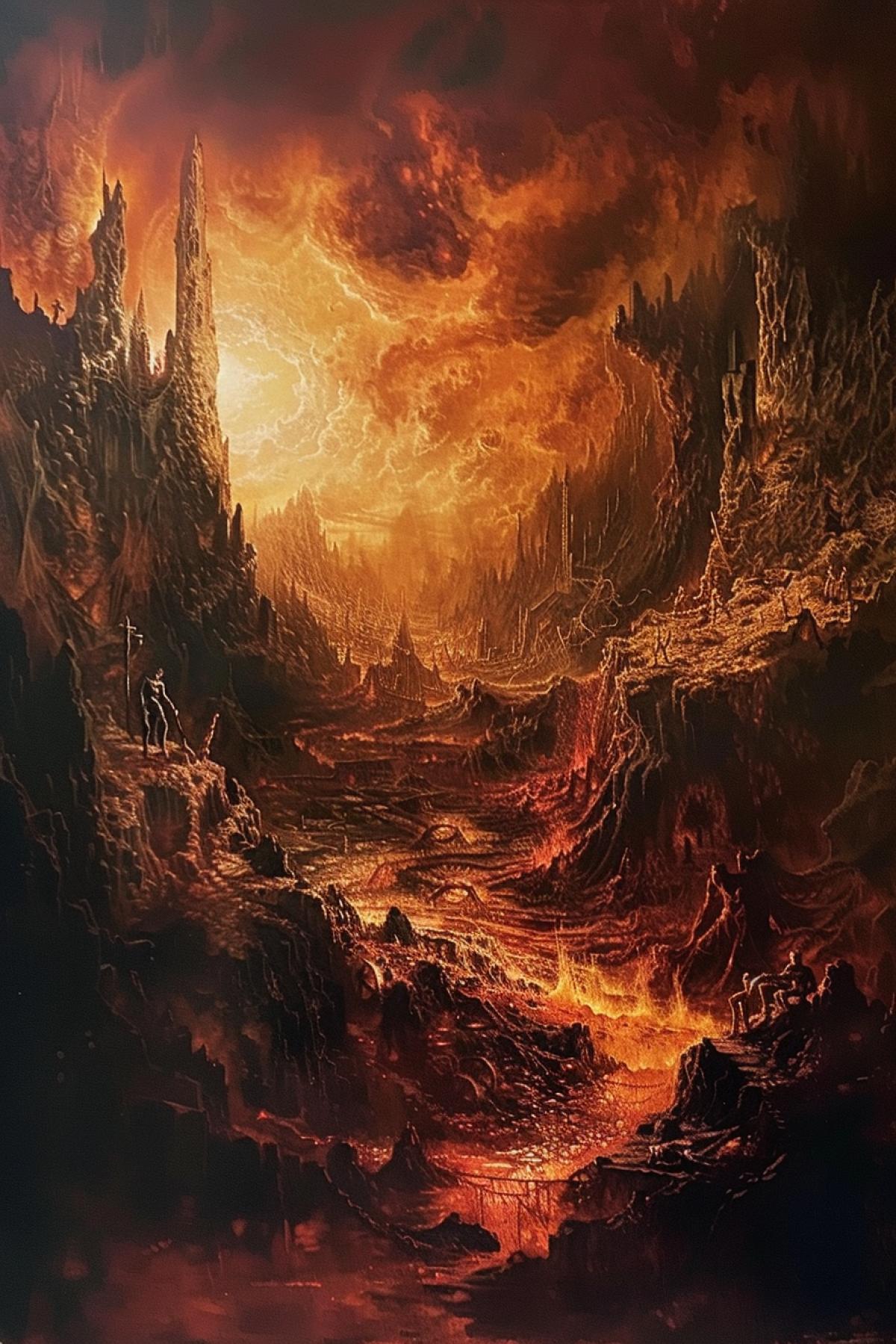 A dark and mysterious interpretation of the afterlife inspired by Dante’s Inferno. The scene depicts one of the circles of Hell, with a foreboding landscape of jagged rocks, fiery rivers, and tormented souls. Demonic figures and grotesque creatures lurk in the shadows, while a crimson sky looms overhead. The intense, dramatic lighting casts eerie shadows and highlights the and despair of the condemned. The intricate details and macabre elements evoke a powerful sense of fear and intrigue.
