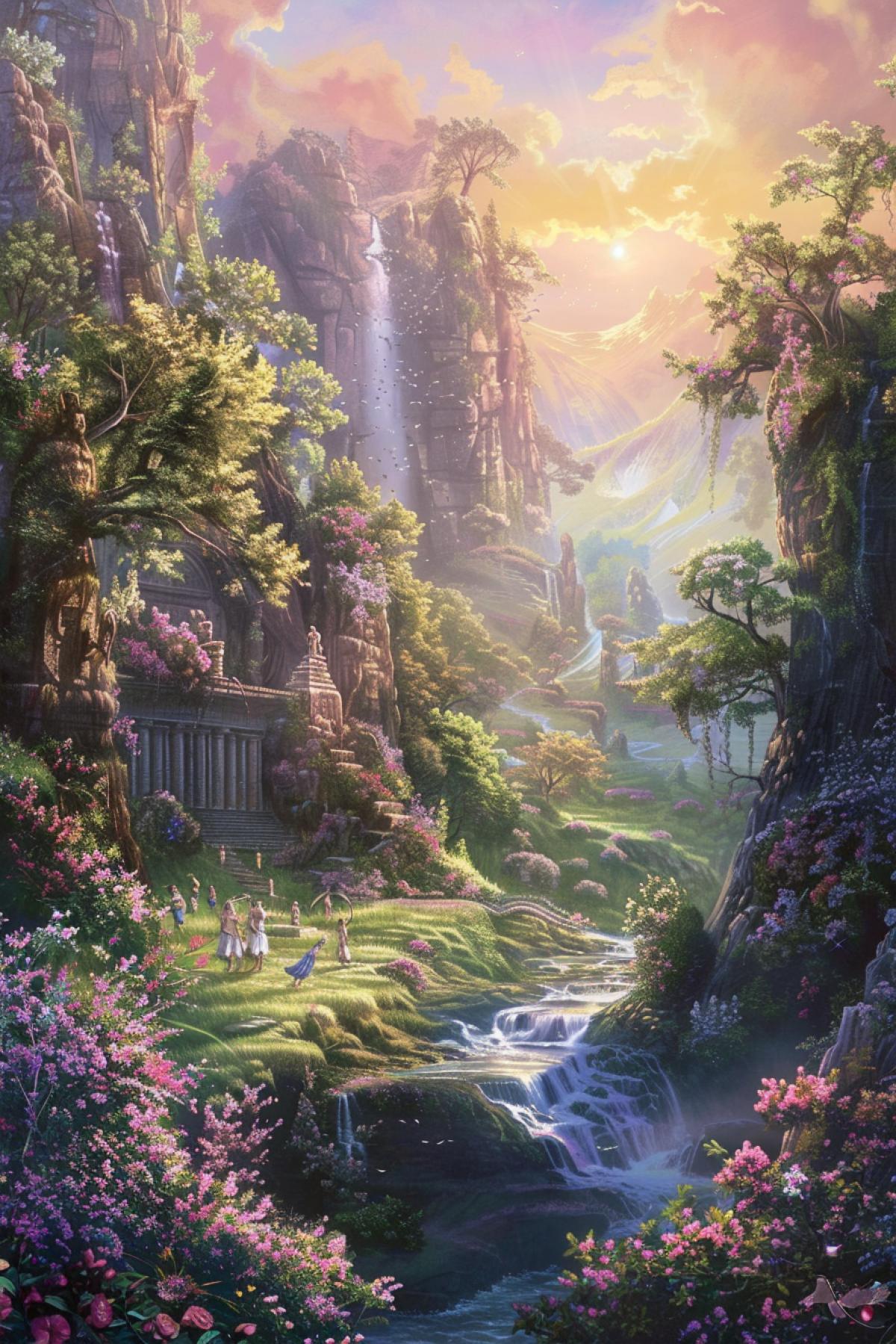 A serene and otherworldly vision of the afterlife inspired by the Elysian Fields from Greek mythology. The landscape is filled with lush, verdant meadows, blooming with vibrant flowers and tranquil rivers flowing gently. Spirits of heroes and virtuous souls are seen walking peacefully, engaged in joyful activities. The background features a majestic, sunlit temple and gentle hills. The sky is a soft pastel, blending into the horizon, creating a sense of eternal peace and happiness.