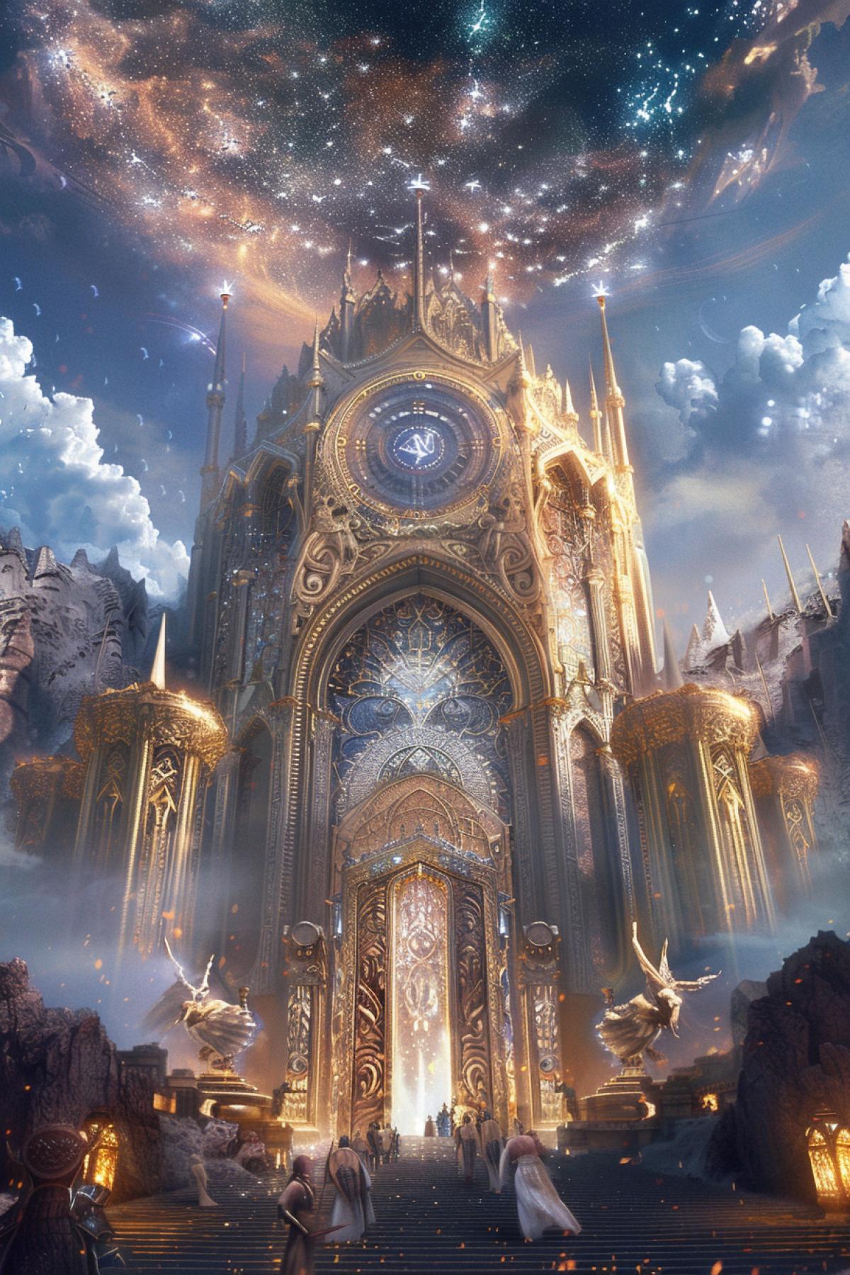 A mystical and enchanting vision of the afterlife inspired by the concept of Valhalla from Norse mythology. The grand hall of Valhalla stands proudly, with its golden roof and massive, ornate doors. Inside, fallen warriors are seen feasting and celebrating, with ethereal Valkyries serving them. The background features a breathtaking, star-filled sky and the mystical Yggdrasil tree connecting different realms. The vibrant, otherworldly colors and intricate details create a sense of majesty and epic adventure.