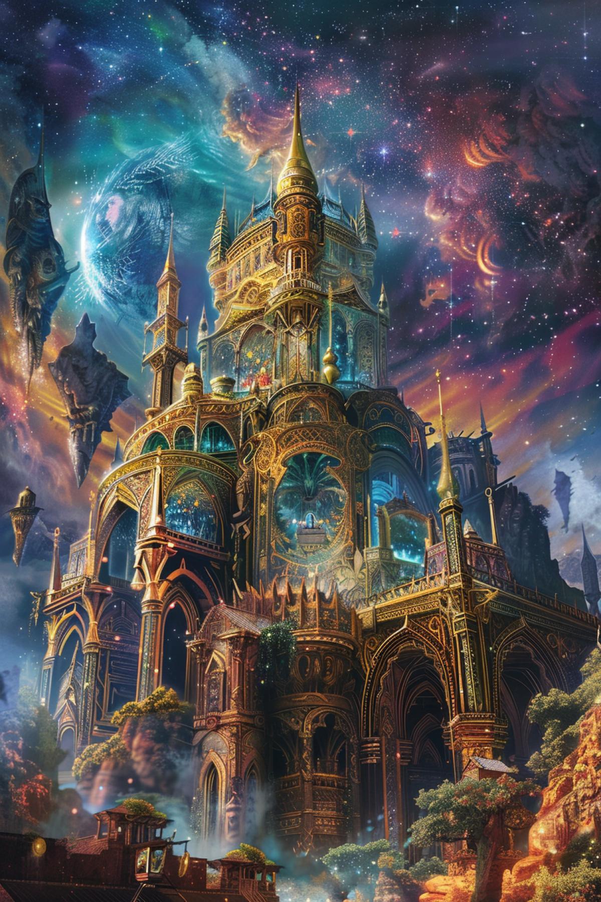 A mystical and enchanting vision of the afterlife inspired by the concept of Valhalla from Norse mythology. The grand hall of Valhalla stands proudly, with its golden roof and massive, ornate doors. Inside, fallen warriors are seen feasting and celebrating, with ethereal Valkyries serving them. The background features a breathtaking, star-filled sky and the mystical Yggdrasil tree connecting different realms. The vibrant, otherworldly colors and intricate details create a sense of majesty and epic adventure.
