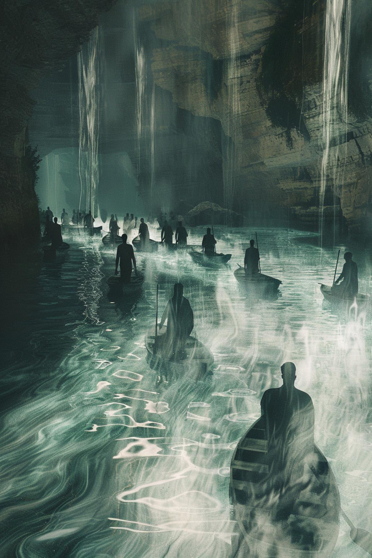 River, ghostly people are floating inside the river, flickering, parallel world, afterlife