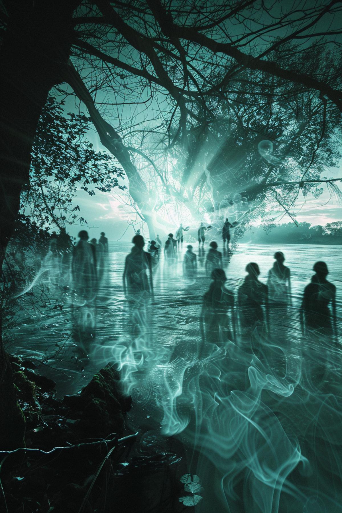 River, ghostly people are floating inside the river, flickering, parallel world, afterlife