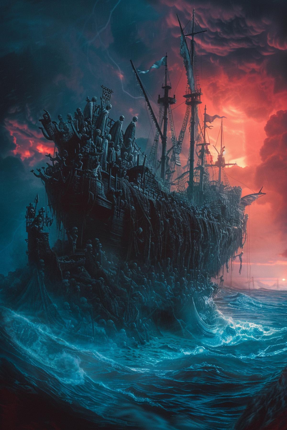 The ship Naglfar, made of human hands and nails with dead people on board, emerges from the abyss of the blue stormy sea against the backdrop of the red sunset sky, detailed image