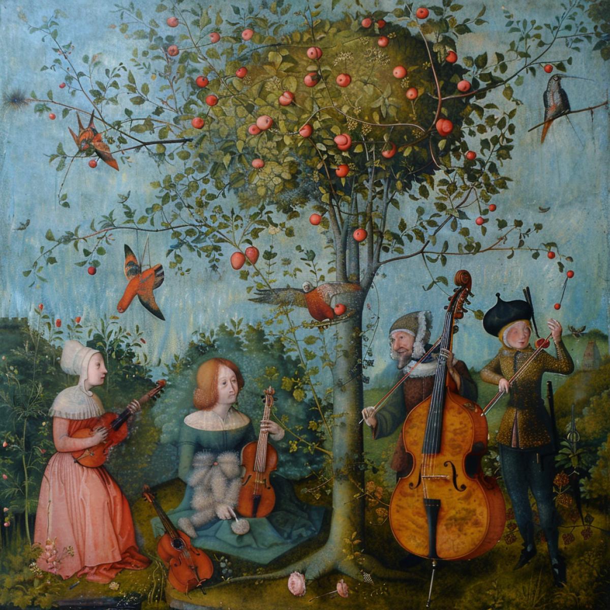 Paradise garden for artist and musicians art in style of Hieronymus Bosch