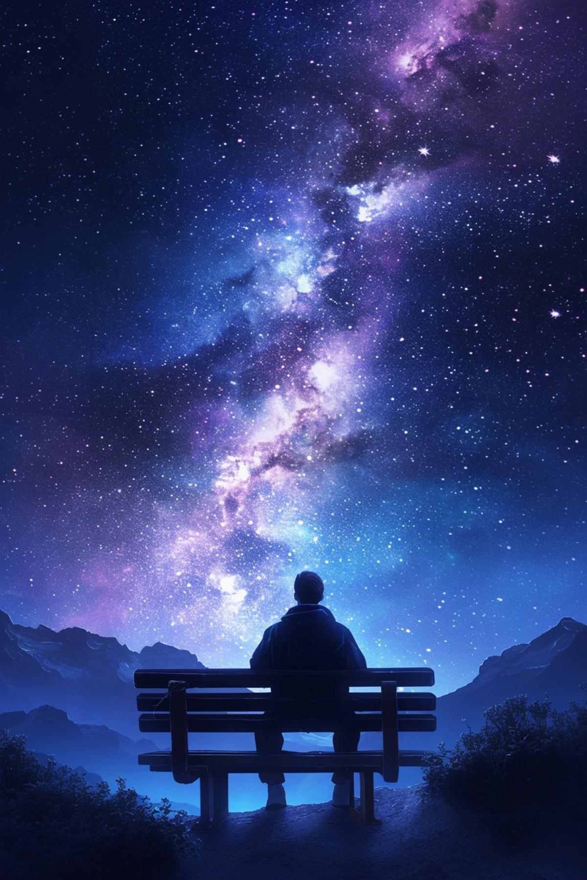 guy sitting on a bench, rear view, looking at the boundless space, milky way, night, sky, fantasy style, light glow of a bench, on the edge of a mountain, another world, highly detailed, packed with hidden details, style, high dynamic range, hyper realistic, realistic attention to detail, highly detailed, 32K, realism, colorful realism