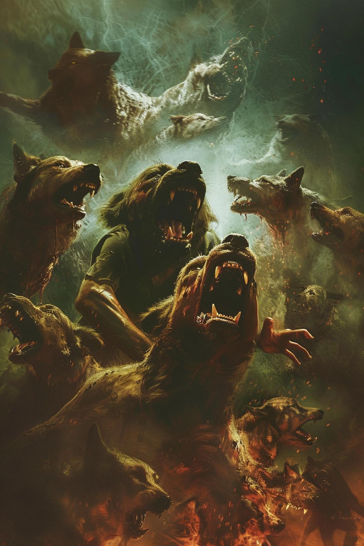 a man goes to hell and is tormented by the dogs Cerberus, in the style of the book of Odyssey