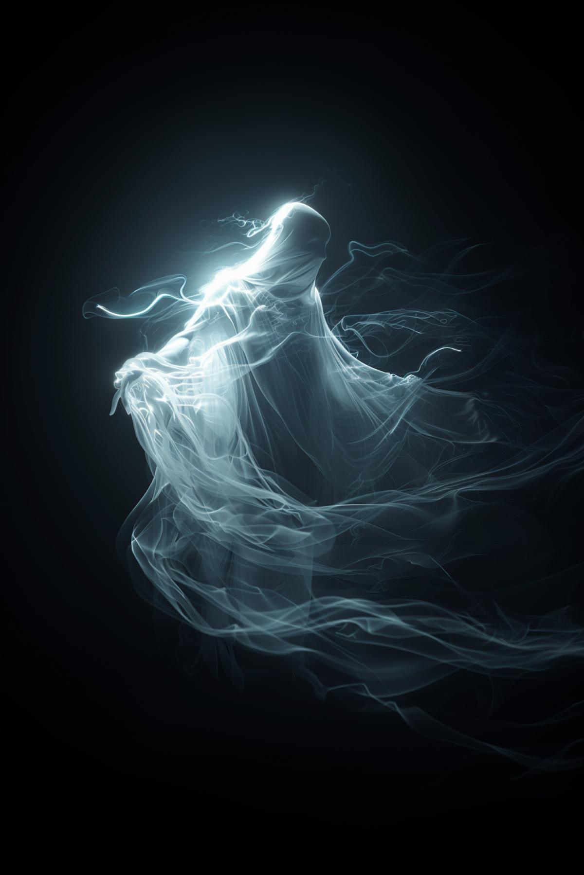 The ghost comes out of the physical body filled with the energy of happiness and light, realistic image, flickering,