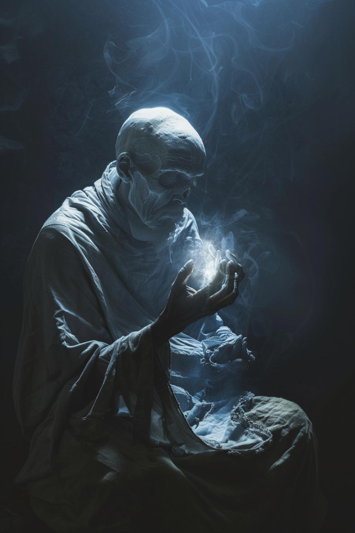 The ghost comes out of the physical body filled with the energy of happiness and light, realistic image, flickering, in the style of the Tibetan Book of the Dead