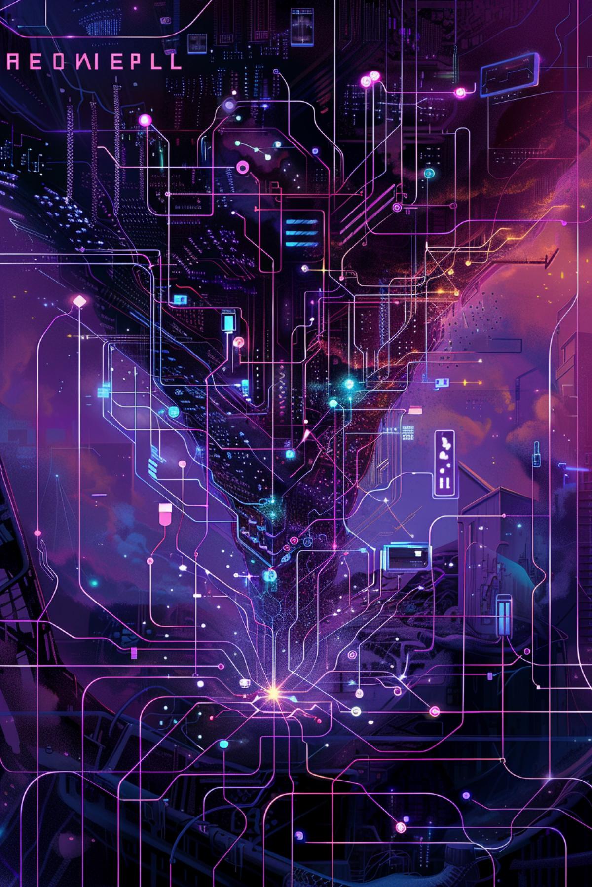 Draw a picture in the style of: Internet provider of the future. In dark purple tones, without images of people or living creatures, leave the elements as in the example