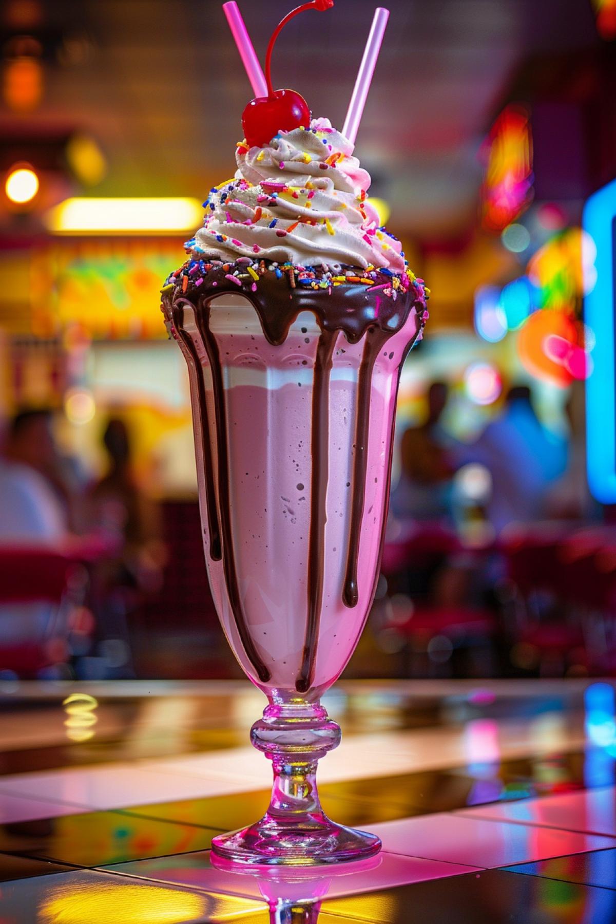 A captivating and indulgent ad for a decadent fast-food milkshake, with creamy, swirling layers of chocolate and vanilla, topped with whipped cream, a cherry, and colorful sprinkles. The milkshake is placed in a classic, retro-style diner setting, with neon lights and a checkered floor, evoking a sense of nostalgia and delight. The background includes happy customers enjoying their treats, creating a lively and inviting atmosphere that makes the milkshake look like the perfect sweet treat.