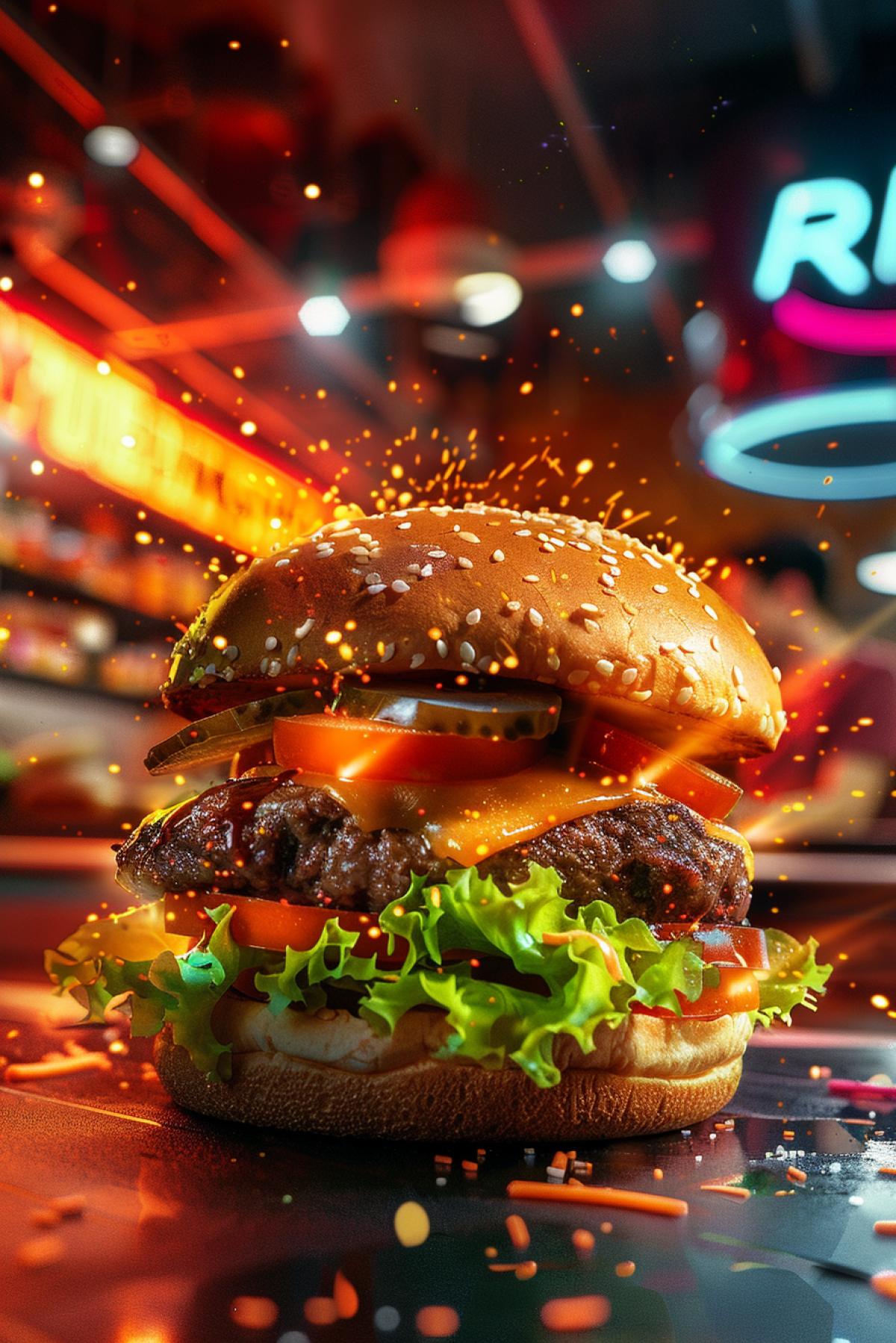 A vibrant and mouth-watering advertisement for a fast-food burger, featuring a perfectly grilled beef patty with melted cheese, fresh lettuce, ripe tomatoes, and a toasted sesame seed bun. The burger is showcased in the foreground, with a burst of dynamic, colorful graphics and lighting highlighting its juicy, delicious ingredients. In the background, a cheerful, modern fast-food restaurant setting with happy customers enjoying their meals, creating an inviting and appetizing scene.