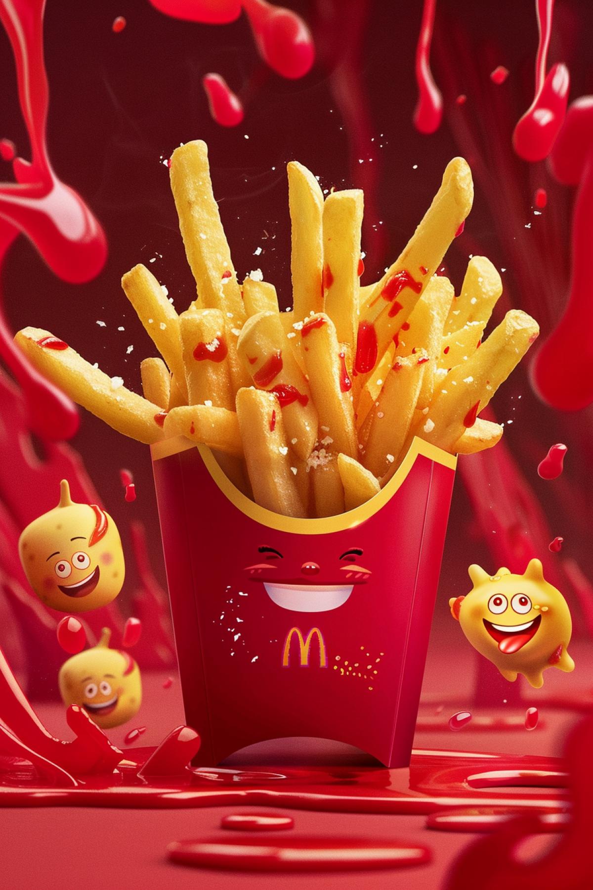 A visually striking ad for crispy, golden french fries, piled high in a bright red carton with the fast-food chains logo prominently displayed. The fries are steaming hot, with a light sprinkle of salt glistening on their surface. Surrounding the fries are playful, dynamic elements like ketchup splashes and cartoon-style illustrations of smiling potatoes. The background features a fun, energetic ambiance with bold colors and engaging patterns, making the fries look irresistibly tasty and fun to eat.