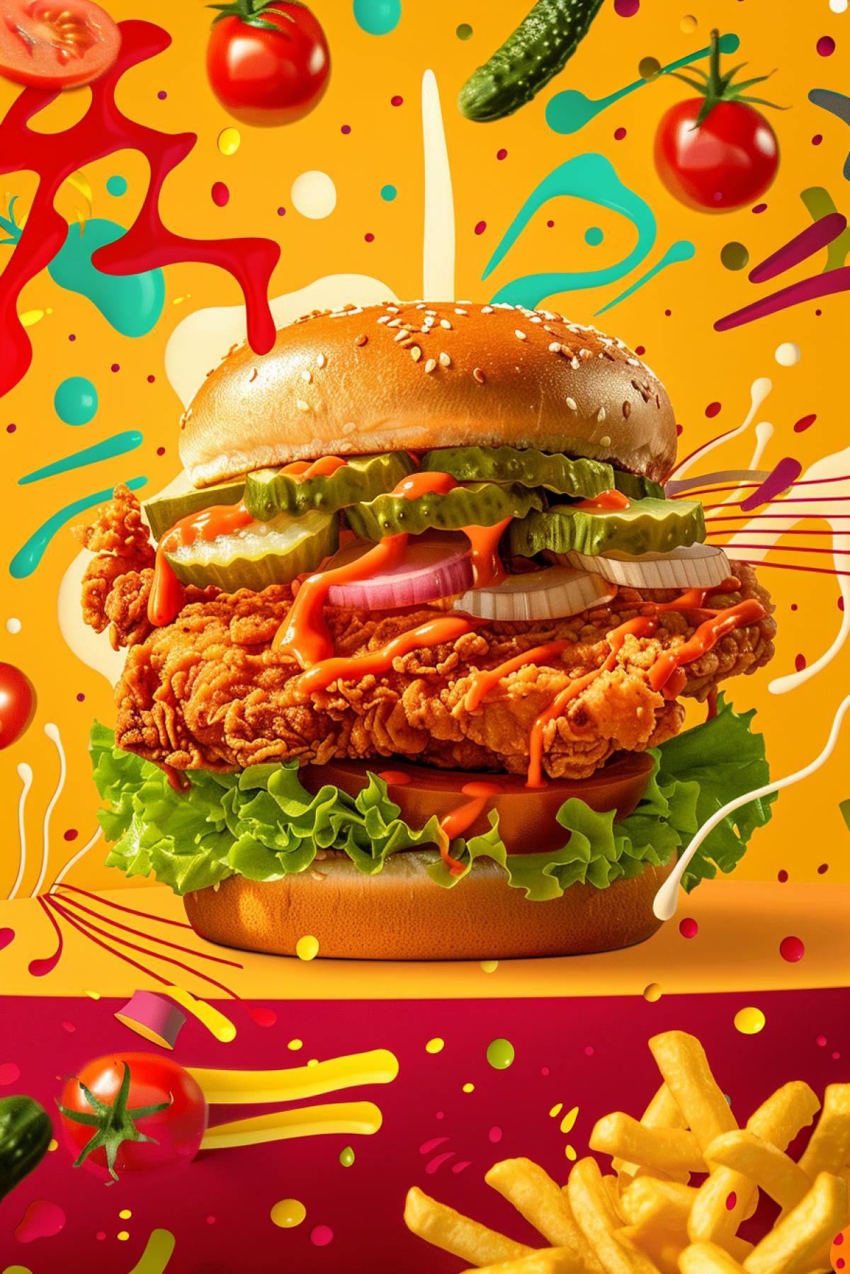 An enticing and colorful advertisement for a fast-food chicken sandwich, featuring a crispy, golden-brown chicken fillet topped with fresh lettuce, pickles, and a drizzle of spicy mayo, all sandwiched between a soft, brioche bun. The sandwich is set against a background of vibrant, dynamic graphics with bold text highlighting a special deal or combo offer. The lively, energetic scene includes playful elements like floating ingredients and motion lines, making the sandwich look incredibly delicious and exciting to try.