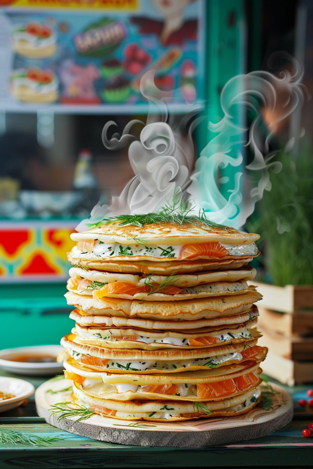 A mouth-watering advertisement for Russian blinis as a fast-food delicacy. The thin, golden pancakes are stacked high, filled with savory ingredients like smoked salmon, dill, and sour cream. The blinis are highlighted with dynamic graphics of swirling steam and traditional Russian patterns. The background features a modern fast-food kiosk in a ling Moscow street, with vibrant colors and cheerful customers, emphasizing the fusion of traditional flavors and contemporary convenience.
