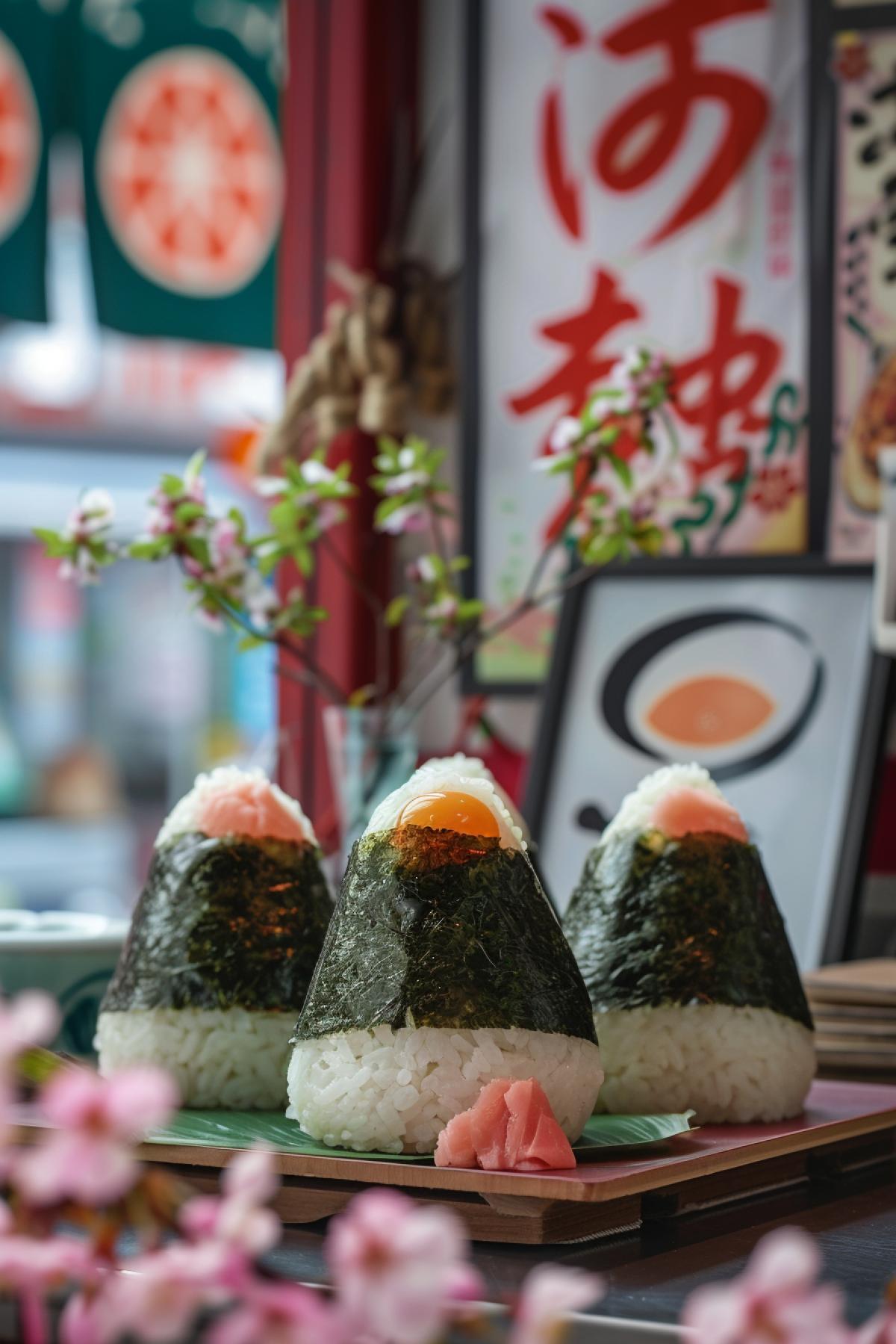 An eye-catching advertisement for Japanese onigiri as a fast-food option. The triangular rice balls are wrapped in crisp nori and filled with savory ingredients like salmon, pickled plum, and tuna mayo. The onigiri are arranged in an appealing display with playful graphics of cherry blossoms and traditional Japanese motifs. The background features a sleek, modern convenience store in Tokyo, with neon signs and a fast-paced atmosphere, highlighting the quick and delicious nature of this Japanese snack.