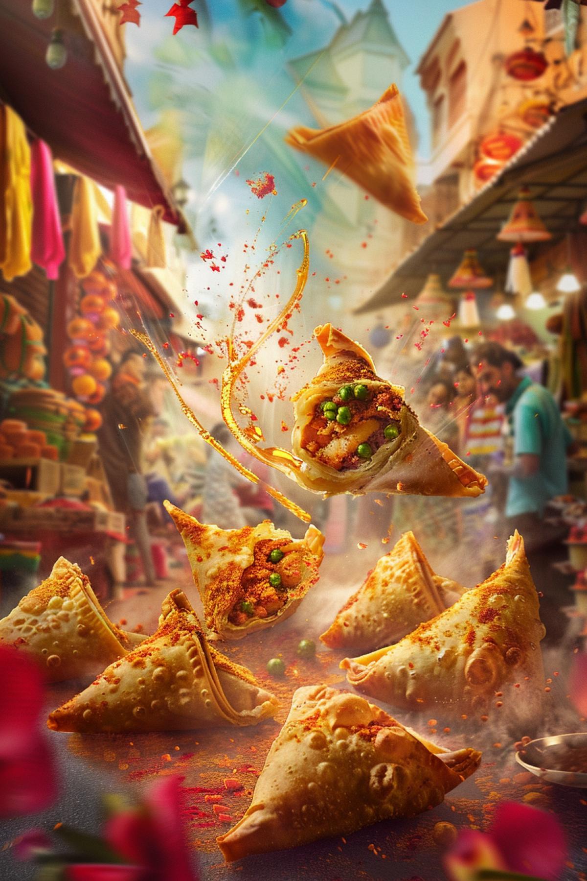 A tantalizing ad for Indian samosas, showcasing crispy, golden-brown pastries filled with spiced potatoes, peas, and aromatic herbs. The samosas are presented with dynamic swirls of chutney and vibrant, colorful graphics. The background depicts a ling Indian market scene, with vibrant textiles, busy food stalls, and joyful customers, capturing the rich and diverse flavors of Indian street food culture.