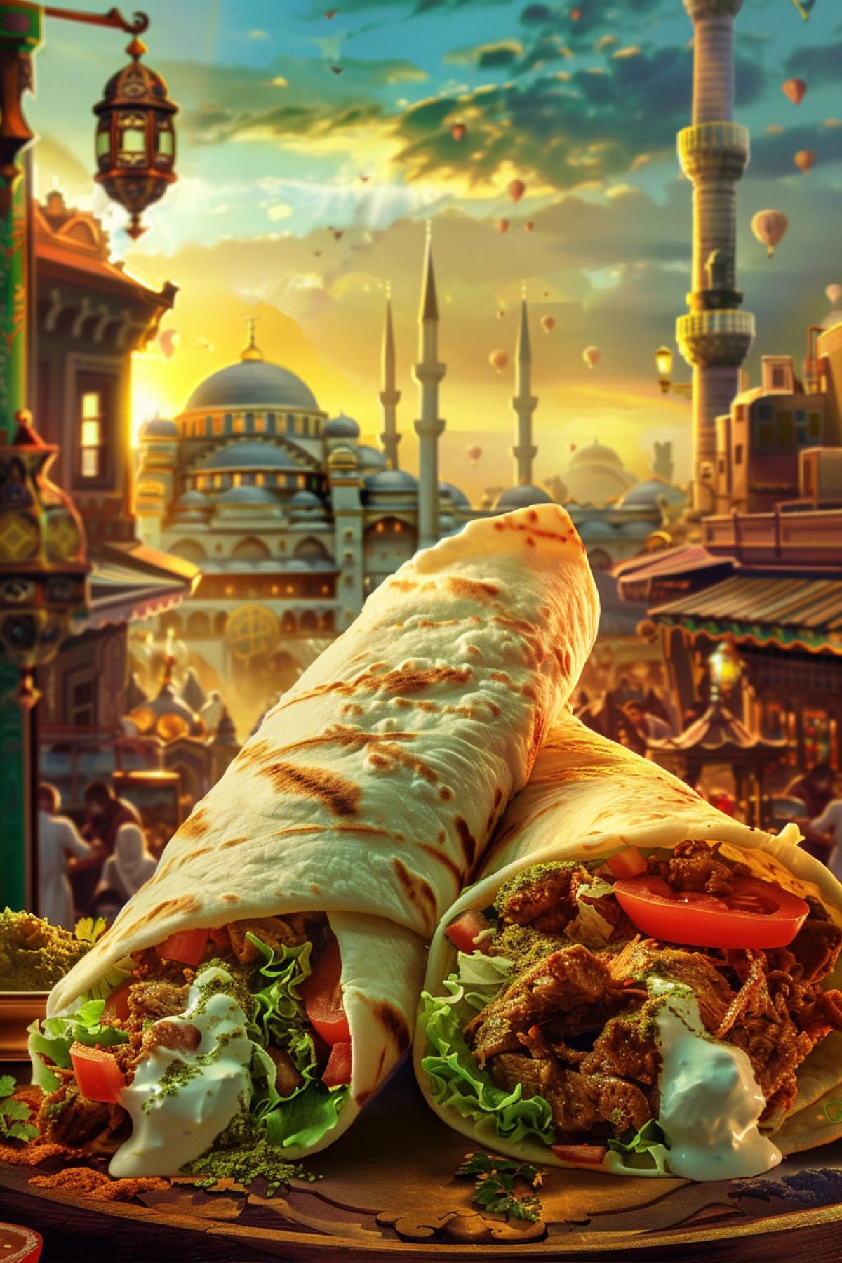 A dazzling advertisement for Turkish döner kebab wraps as a fast-food delight. The wraps are filled with succulent, thinly sliced lamb, fresh tomatoes, crisp lettuce, and a drizzle of tangy yogurt sauce, all wrapped in a warm, fluffy flatbread. The scene includes vibrant graphics of swirling spices and intricate Ottoman patterns. The background shows a lively Turkish bazaar with ling stalls, colorful lanterns, and joyous patrons, highlighting the rich cultural heritage and mouth-watering appeal of this iconic street food.