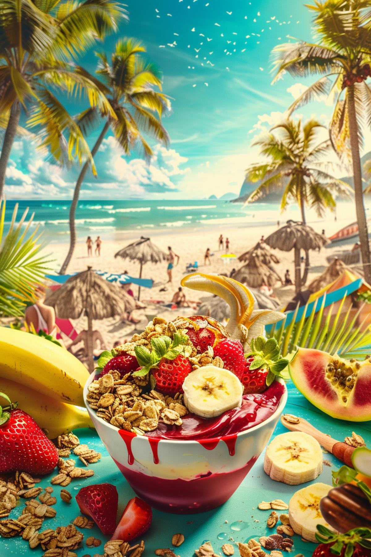 An eye-popping ad for Brazilian açaí bowls as a fast-food treat. The bowls are filled with creamy açaí berry puree, topped with granola, fresh strawberries, bananas, and a drizzle of honey. The vibrant, tropical colors and dynamic fruit graphics make the açaí bowls look incredibly refreshing and healthy. The background features a sunny Rio de Janeiro beach scene, with palm trees, beachgoers, and vibrant beach shacks, capturing the laid-back, vibrant lifestyle and the exotic flavors of Brazil.