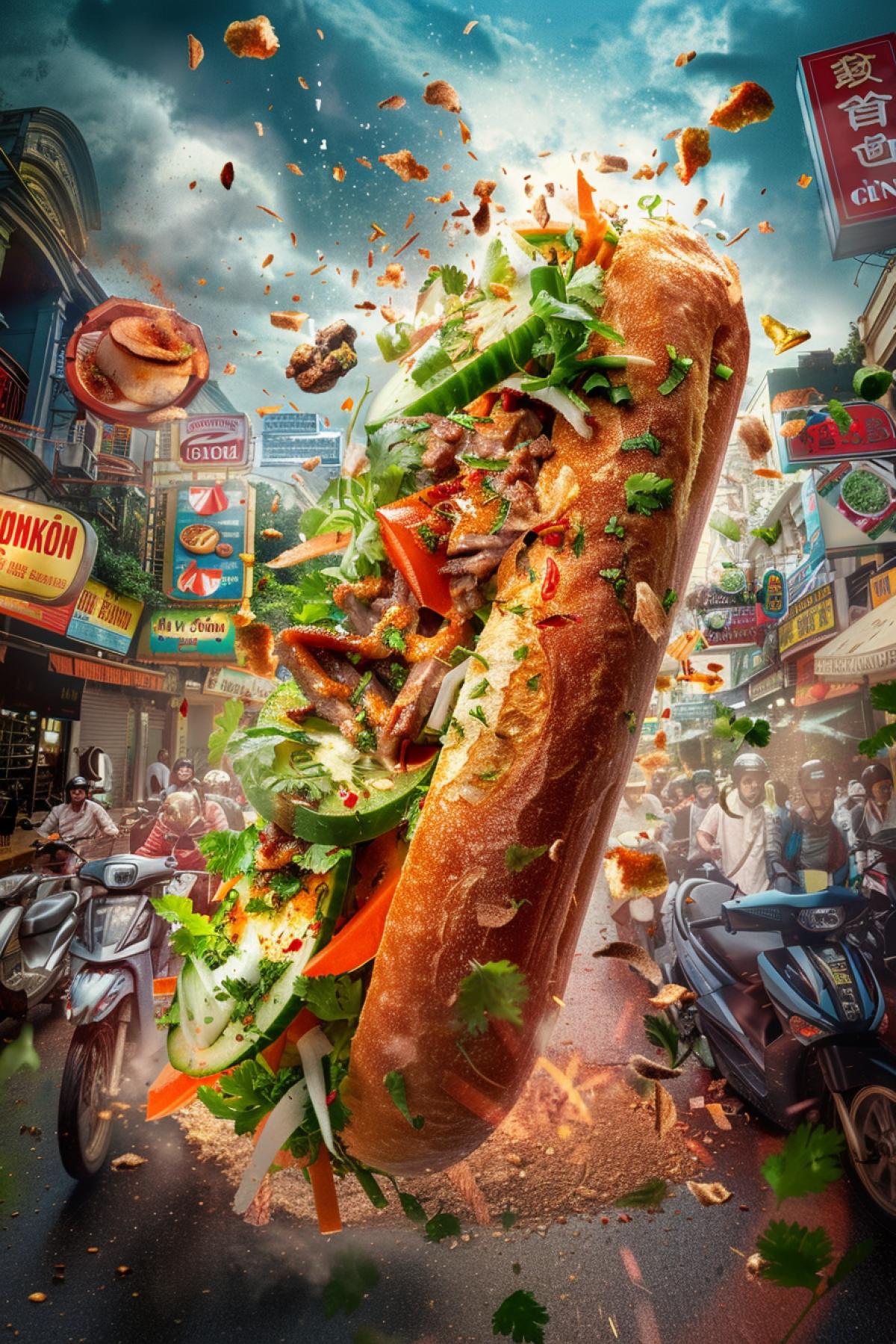 A stunning advertisement for Vietnamese banh mi sandwiches as a fast-food sensation. The crusty baguette is filled with savory grilled pork, pickled carrots and daikon, fresh cilantro, cucumber slices, and a spread of spicy mayo. Dynamic graphics of Vietnamese herbs and spices surround the sandwich. The background showcases a ling street in Hanoi with motorbikes, street vendors, and vibrant signage, capturing the energetic and flavorful street food culture of Vietnam.