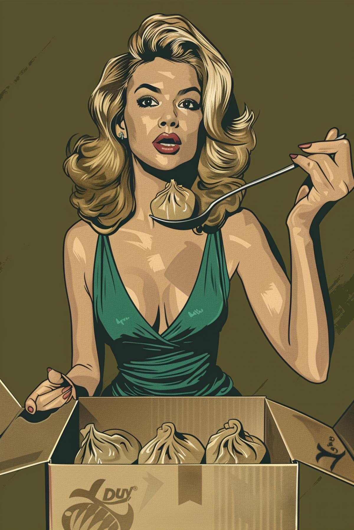 Dumplings on the go. Beautiful woman on the go with fork eating dumpling from box in hand. Hair developing on the go. Advertising poster of fast food.