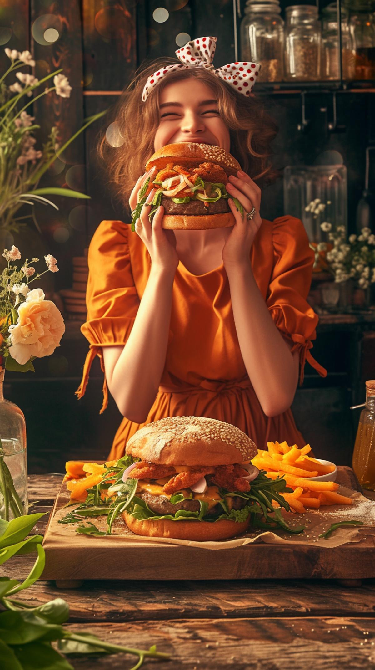 A charming snub-nosed young woman, in an orange dress, on her head with a polka dot bow, brought to her lips an appetizing burger with a cutlet, a toasted bun, pink onions, microgreens, cheese, pumpkin fries, next to light flowers in a glass vase, beautifully, on a wooden board of different types of cheese, details, appetizing, aesthetics, bokeh