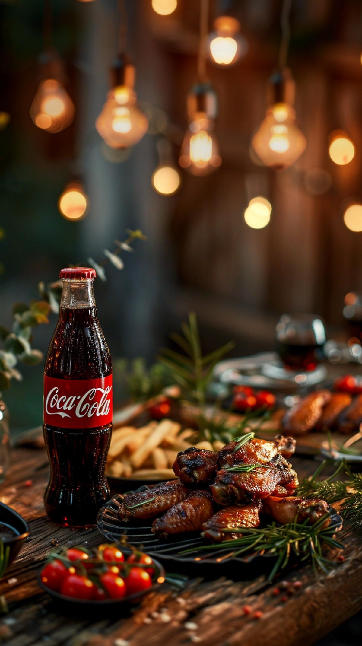 For a lost bottle of Coca Cola, next to grilled wings, night, a garland of light bulbs in the background, beautiful, juicy com4k, detail, portrait photography,