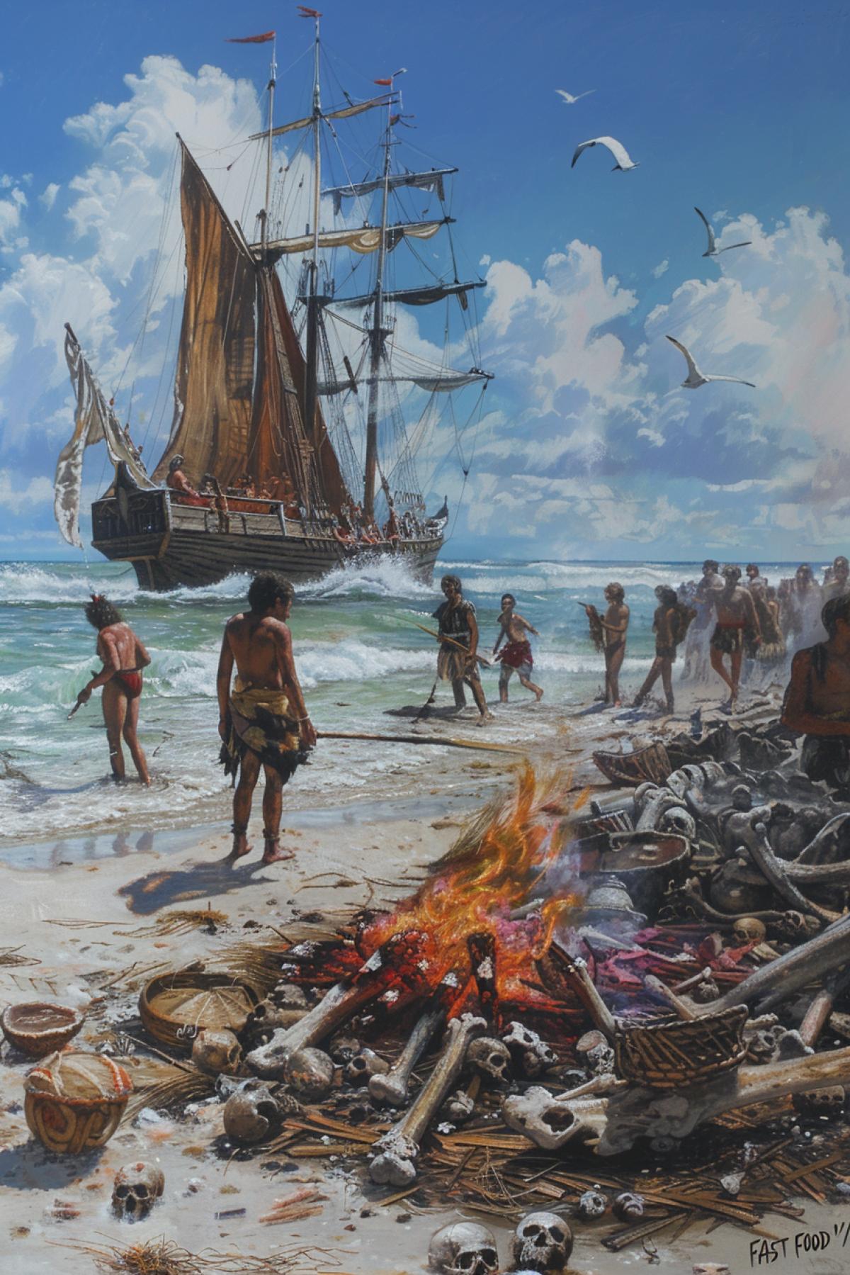 New-Zealanders aborigines on the shore meeting British medieval vessel with plenty of Europeans aboard open fire here and there with big cauldrons many bones on sand everywhere on the beach \"FAST FOOD!\" text