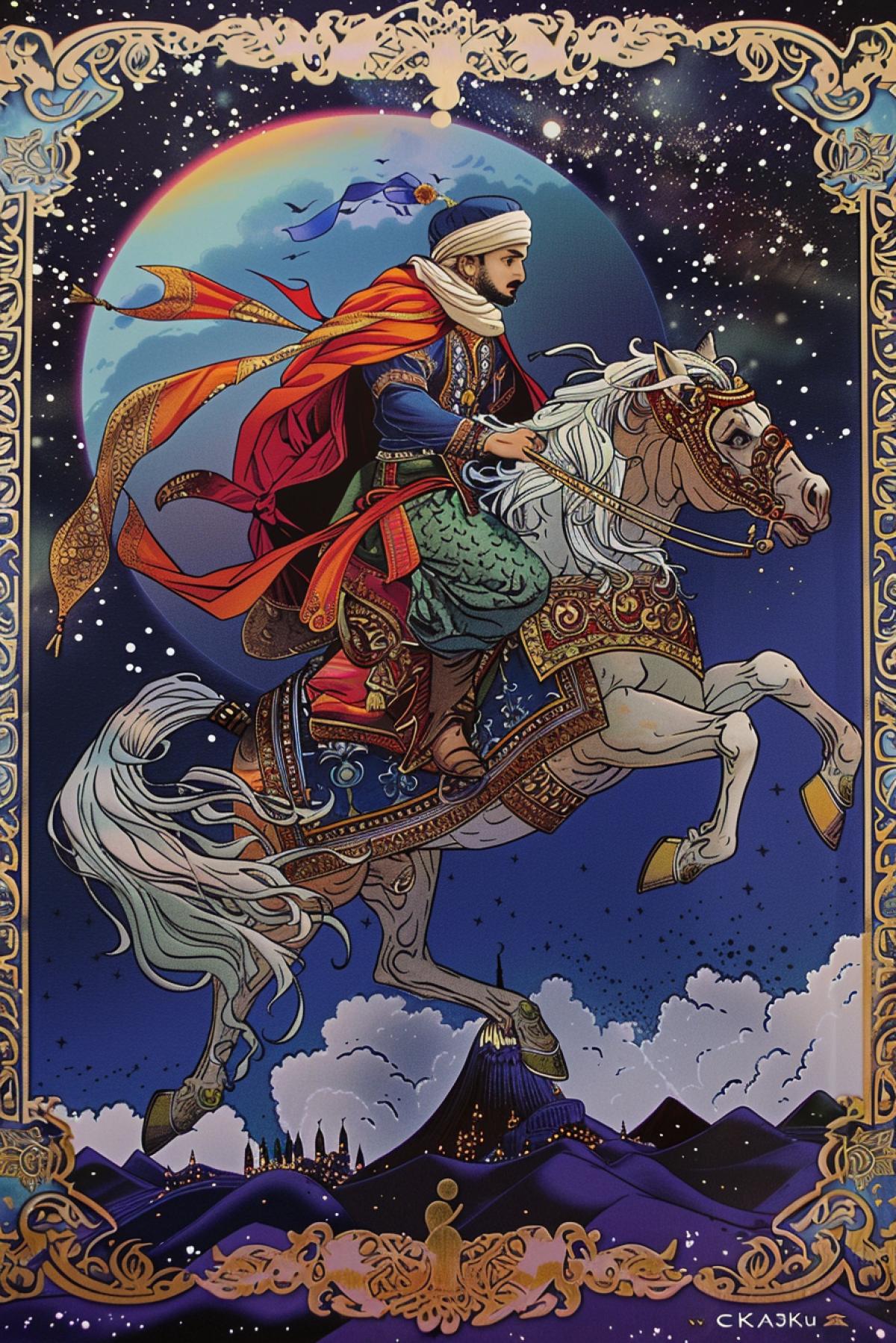 Arabian Nights illustrated book cover bright colours Arabian prince riding flying horse made of polished wood high in skies many details title \"CKA3Ku\" Arabian ornament framework